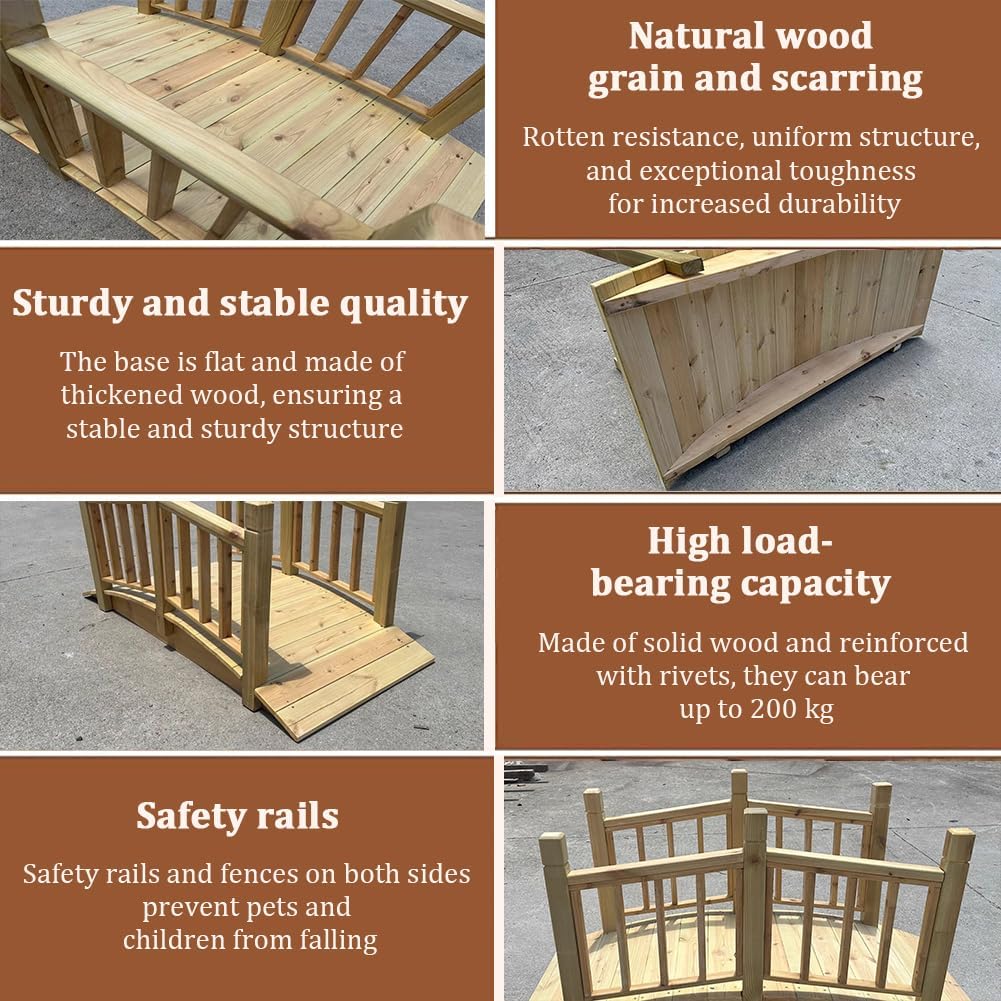 Small Solid Wood Garden Bridge, Wooden Footbridge with Side Railings, Wooden Bridge Decorative Landscape Footbridge, Courtyard Riverbed Bridge, 4.2 Feet