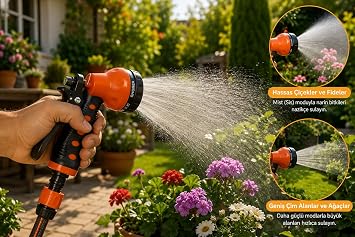 8 Fonksiyonlu Sulama Tabancası Seti – Bahçe Sulama ve Araç Yıkama İçin Hortum Başlığı, 3 Bağlantı Aparatı Dahil, Ergonomik Tetikli