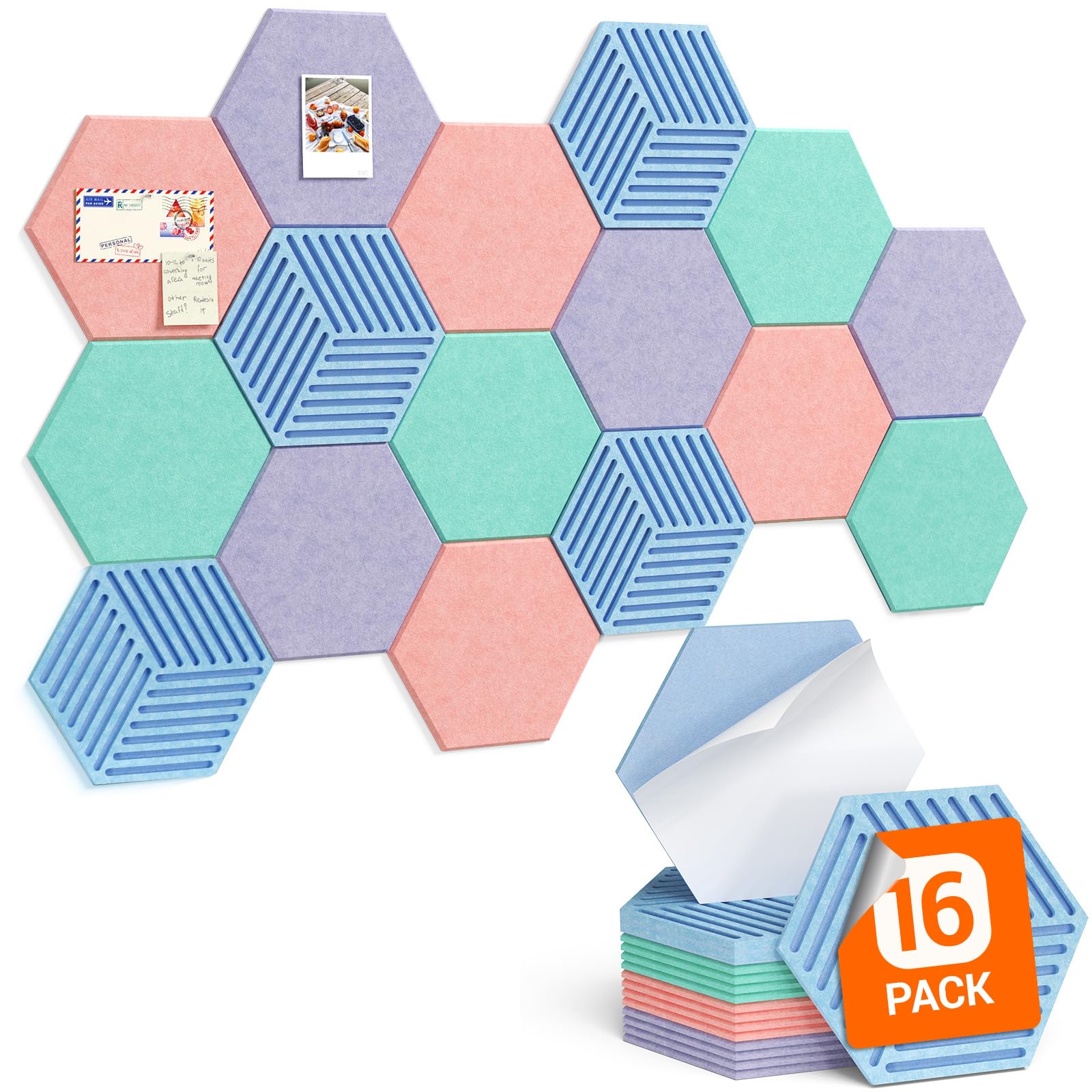Lifewit 16-Pack Hexagon Bulletin Board, Cork Board Alternative for Walls, 30x26x0.9cm, Felt Panels with 70 Pins, 4 Colors Set, Full Self-Adhesive, for Home, Studio, Office, Dorm, Coastal Hue