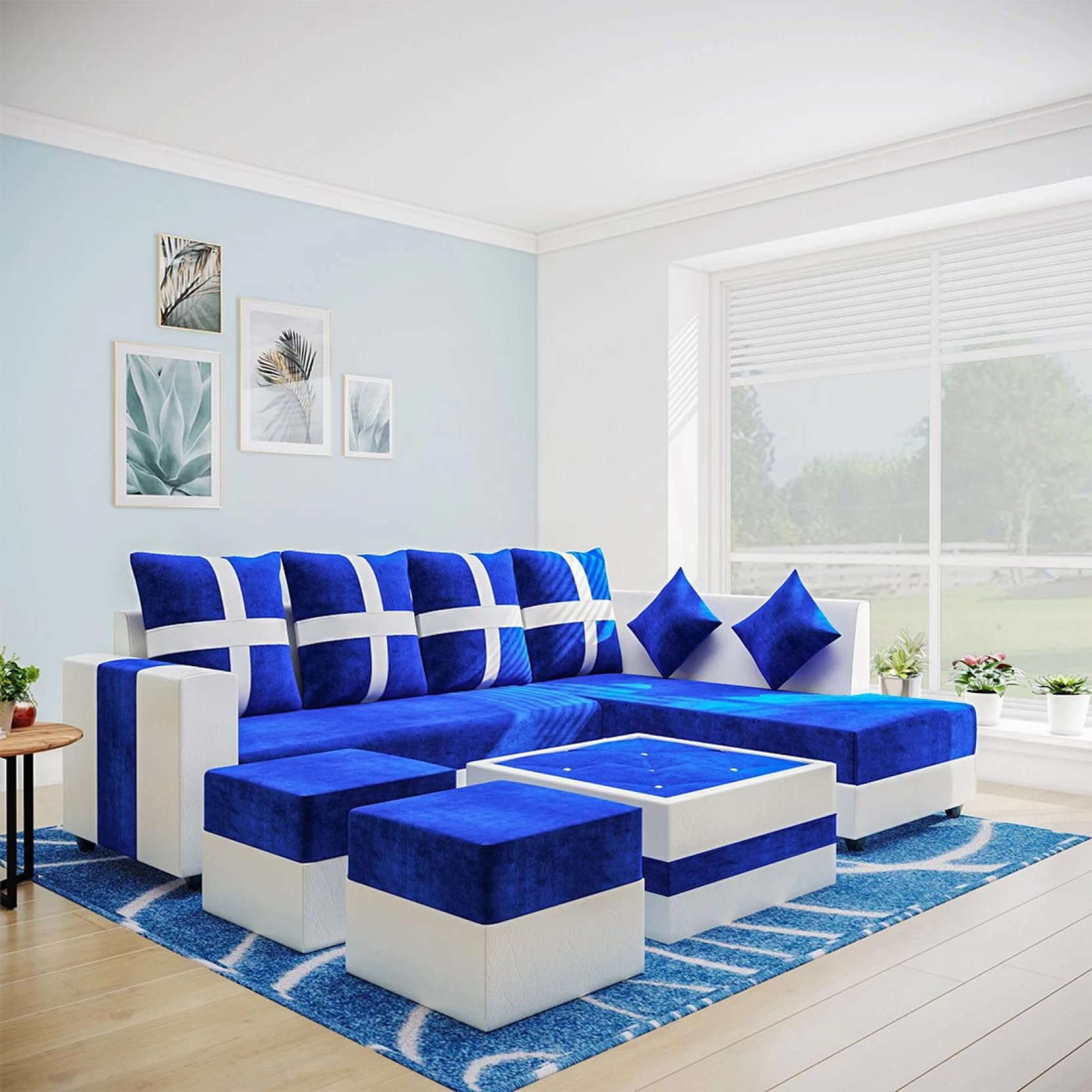 RECTART Luxe 8 Seater L Shape Sofa Set | 2 Ottoman, 6 Small Pillow with Coffee Table for Living Room Furniture (Brown & Cream, 8 Seater) (Blue & White, 8 Seater) - Wood-image-31