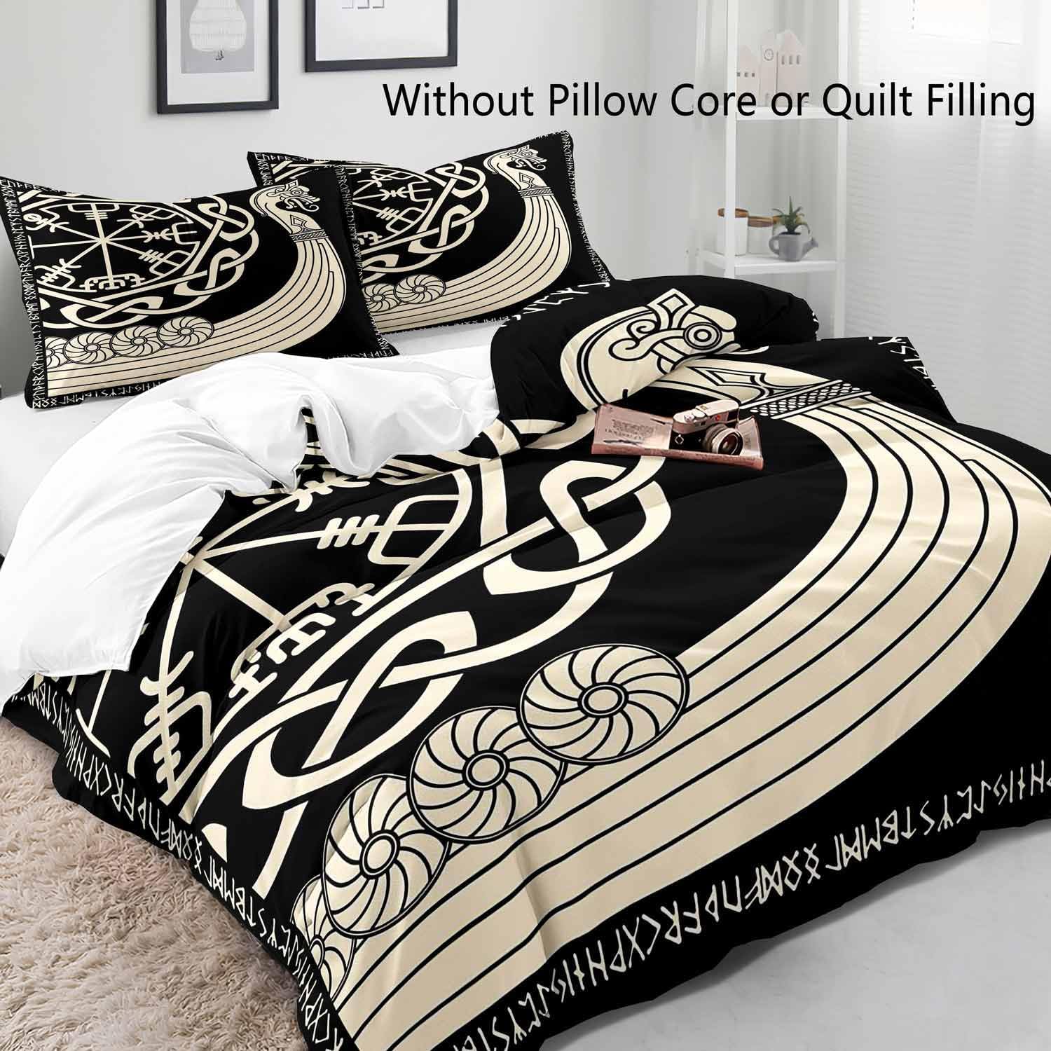 LUVIVIHOME 3PCS Nordic Viking Dragon Duvet Cover Queen Bedding Sets, Black Duvet Cover, Compass Vegvisir Celtic Trinity Knot Scandinavian Runes Norse Mythology Viking Comforter Cover, 2 Pillow Cases