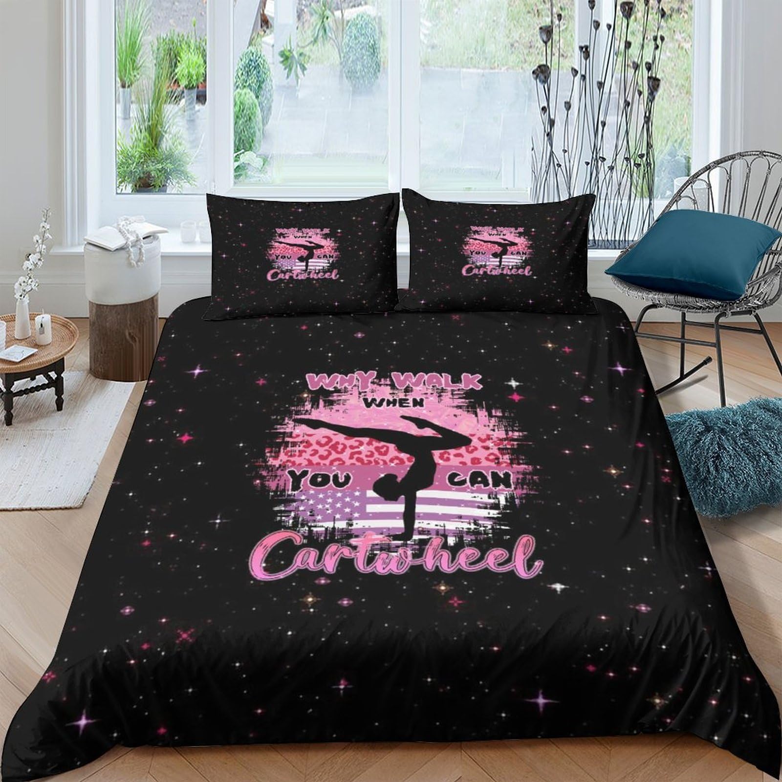 Ctjqhvkz Style-1 3D Printed Gymnastics Silhouette Fitted Sheet Microfiber Pink Black Artistic Bed Cover For Bedroom Decor Single（135X200cm）