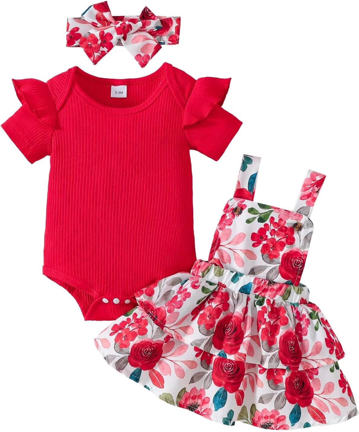 Baby Girl Clothes Cute Summer Outfits Short Sleeve Romper Adjustable Floral Overall Dress Headband 3PCS