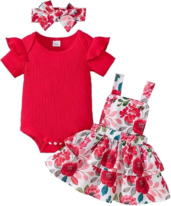 Baby Girl Clothes Cute Summer Outfits Short Sleeve Romper Adjustable Floral Overall Dress Headband 3PCS