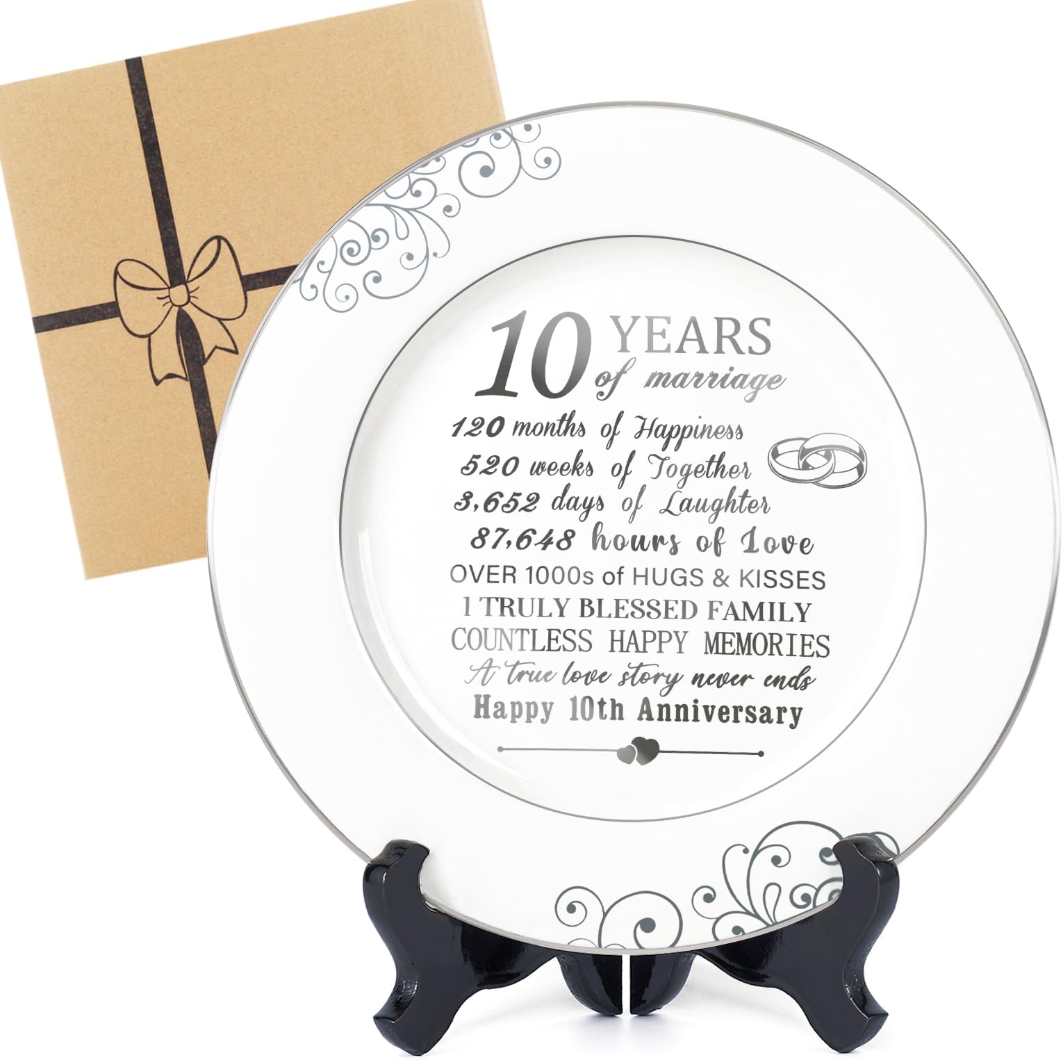 Urllinz 10th Anniversary Plate with Platinum Foil Decorations - 10 Year Wedding Tin Gifts for Her Couples Wife Him Husband, Ceramic 9"