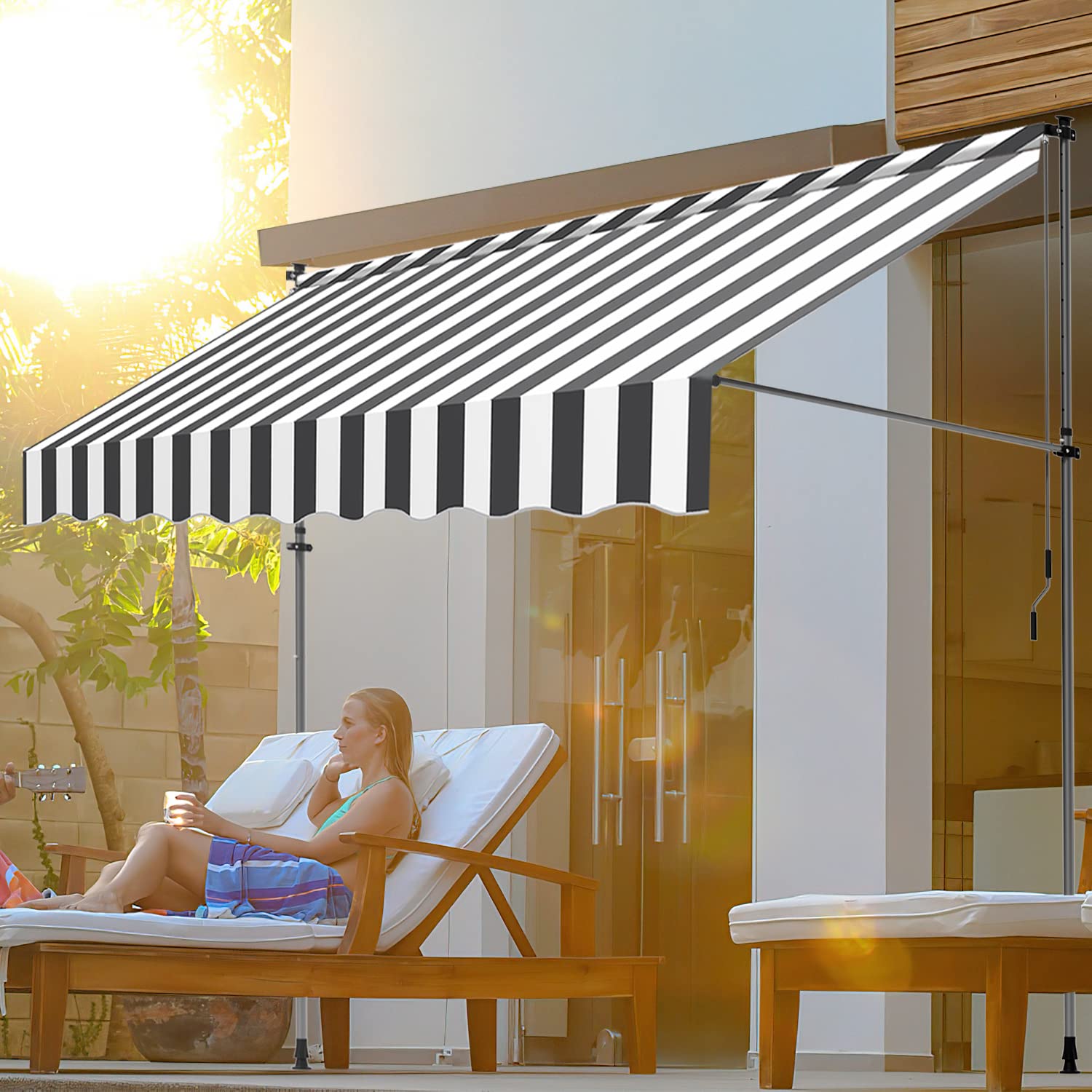 Ikodm Markiza zaciskowa z korbą ręczną, 250 x 120 x 200-300 cm, biało-szara, markiza balkonowa bez wiercenia, odporna na działanie promieni UV, regulacja wysokości 30+, ochrona przed słońcem, wodoodporna, łatwy montaż