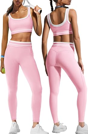 Panadila Womens Striped Layered Workout Set 2 Piece Yoga Set | Double Layer High Support Sports Bra, High Waisted Leggings, Matching Athletic Outfit for Gym and Pilates Outfits