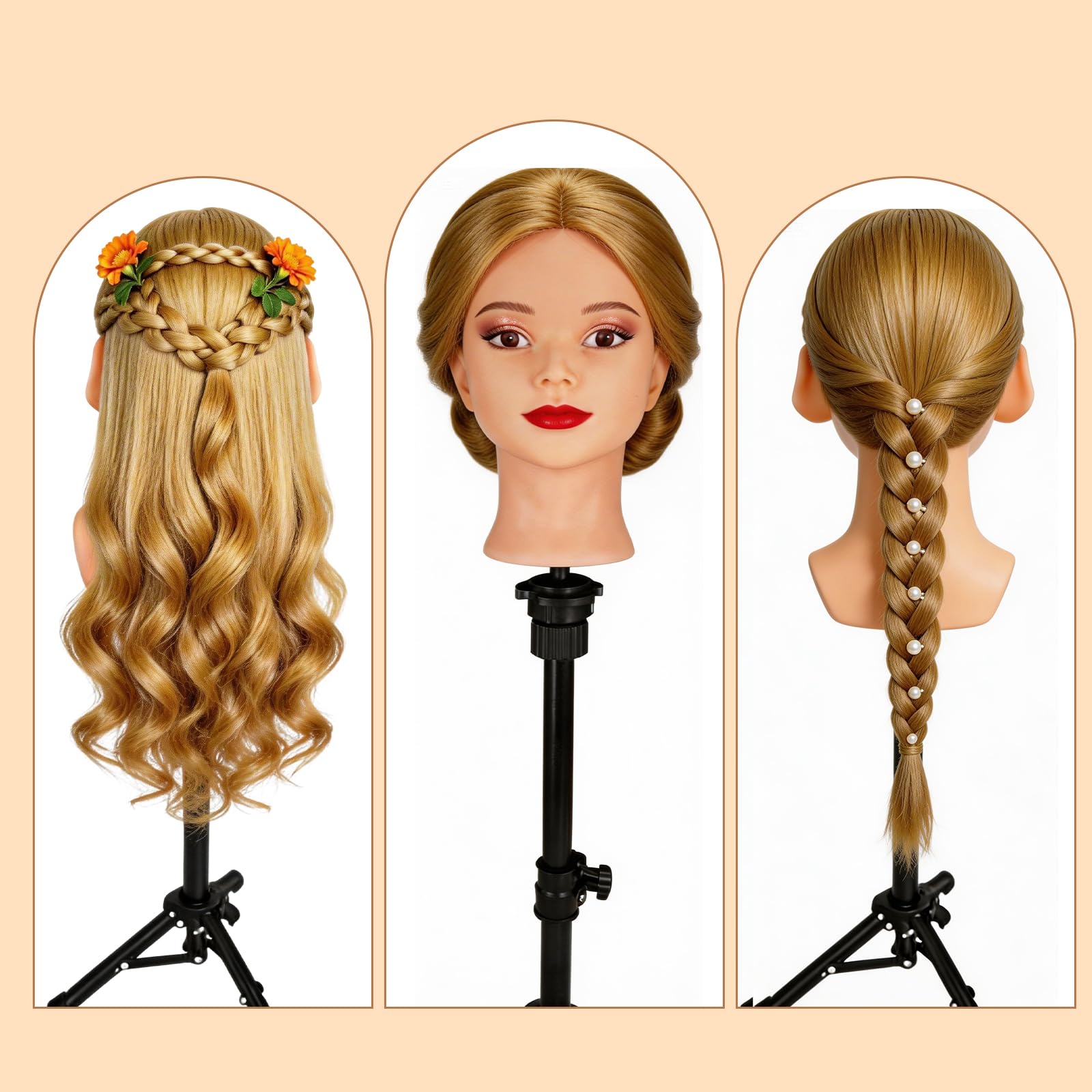 Yofuly 26Zoll/66cm Frisierkopf, 80% Echthaar Übungskopf, Make-up Frisieren Trainingsköpfe, Puppenkopf Friseur Mannequin Kopf mit Tischklemme + DIY-Zopfset (Hellbraun)
