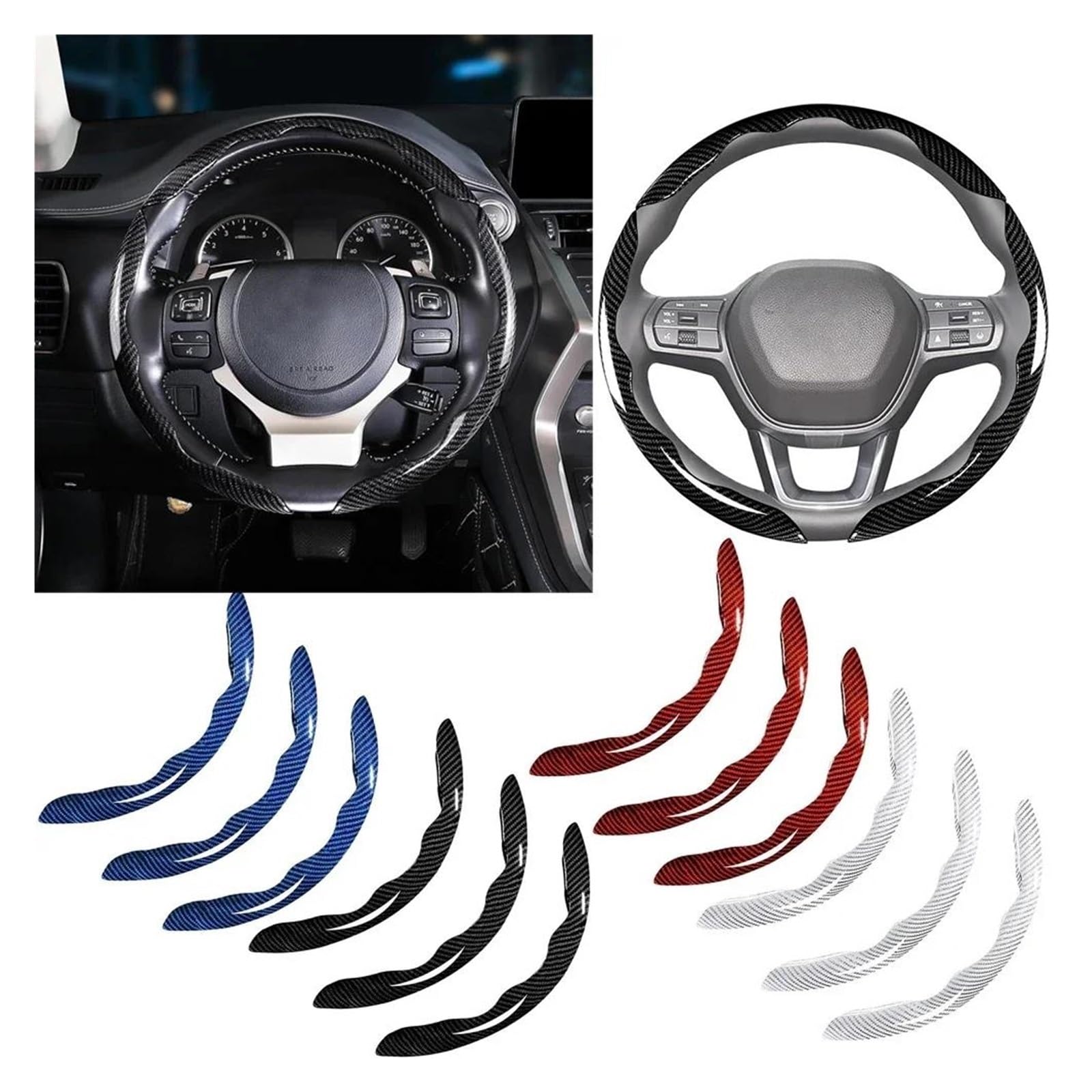 Coprivolante Auto Coprivolante Per Auto Universale | Accessori per lo styling dell'auto segmentati con copertura protettiva antiscivolo in fibra di carbonio 38 cm(3PCS Black)
