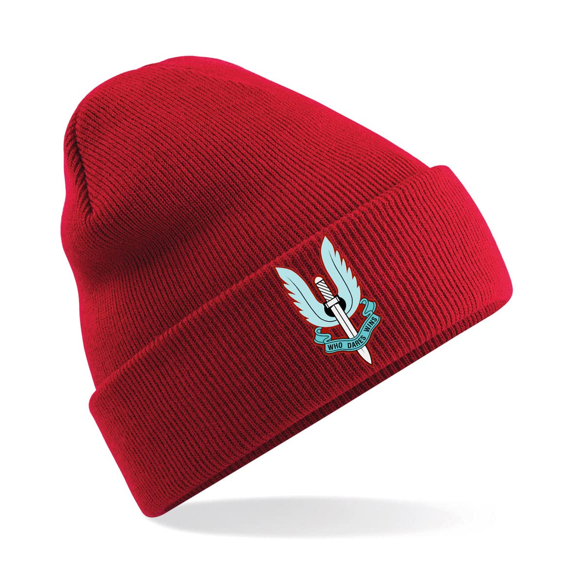 PSave SAS Special Air Service Who Dares Wins Blue Flaming Dagger Insignia Mens Premium Embroidered Beanie Hat, Bob Hat British Army Military (Red)