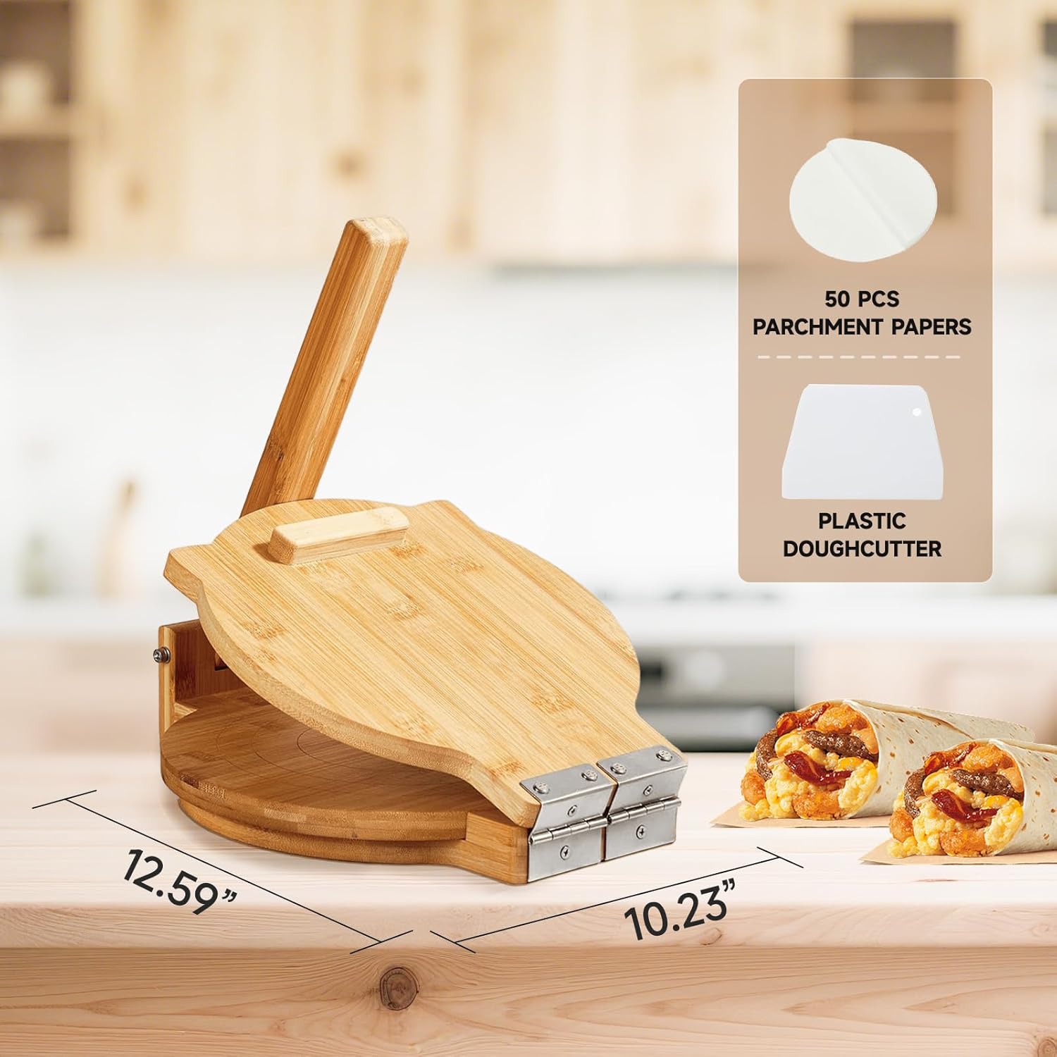 Wooden Tortilla Press 10 Inch - Tortilla Maker Bamboo Prensa para Tortillas with 50 Parchment Paper & Dough Cutter, Mexican Tortillera Press for Homemade Corn Tortillas, Burritos, Taco, Roti