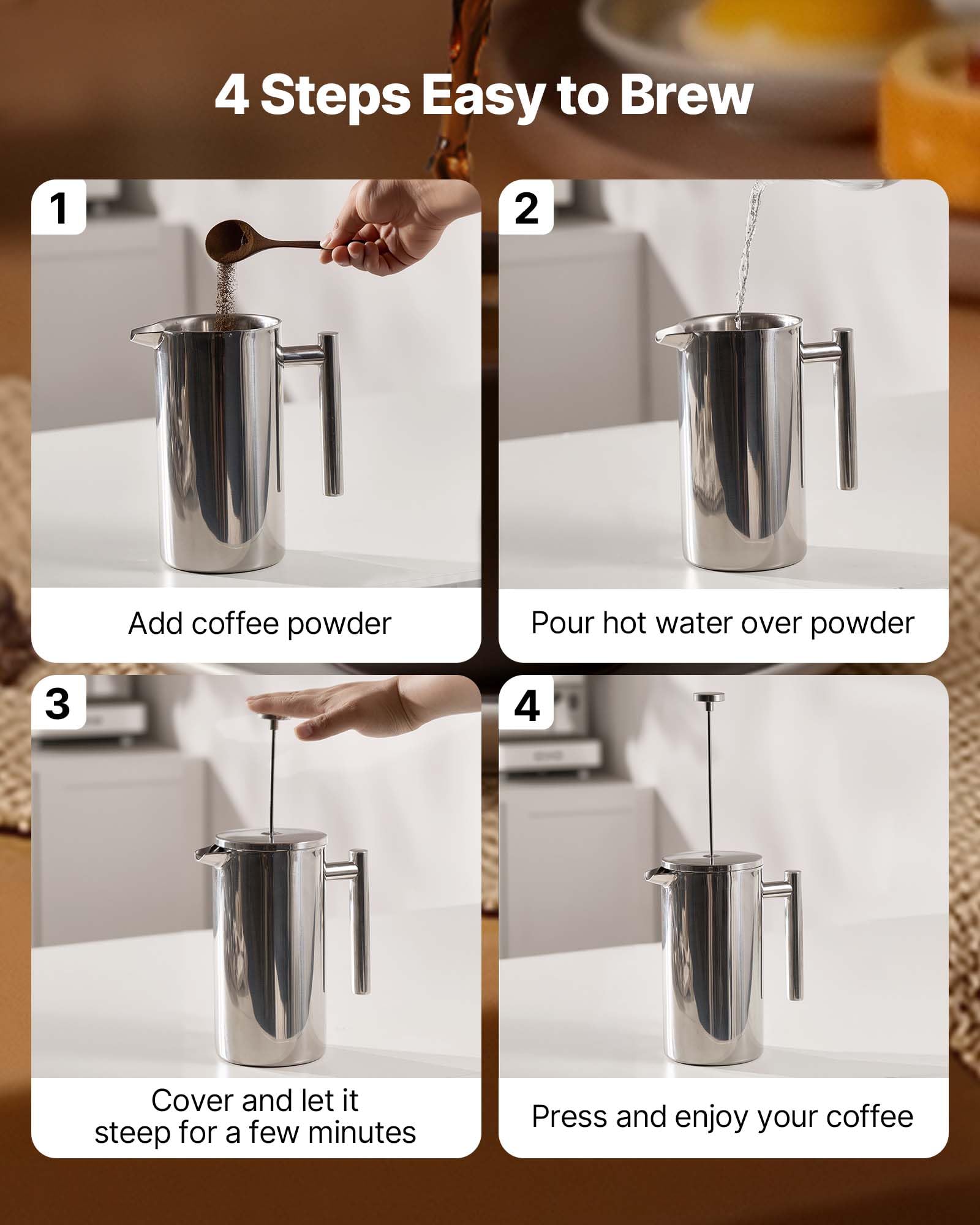 VEVOR Cafetera de Prensa Francesa de Acero Inoxidable, 1,5 L, con Filtro, Grande, de Doble Pared, con Aislamiento, para Café Frío, para Camping, Viajes, Hogar, Cocina, Plata, 190 x 115 x 245 mm