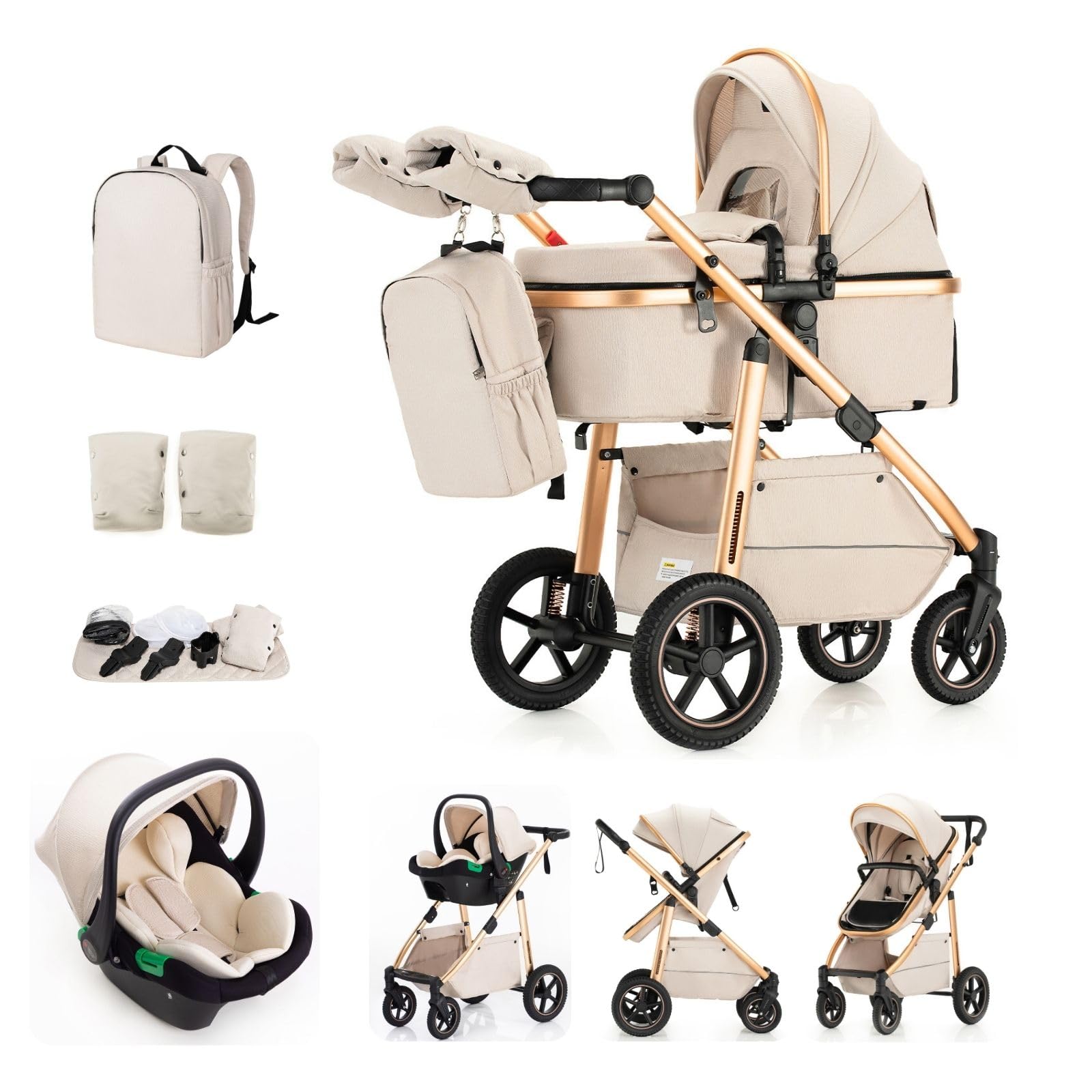 3-in-1 Buggy Kinderwagen Klappbar mit Babyschale, Höhenverstellbarem Griff, Aluminium-Rahmen, Moskitonetz, für 0-4 Jahre