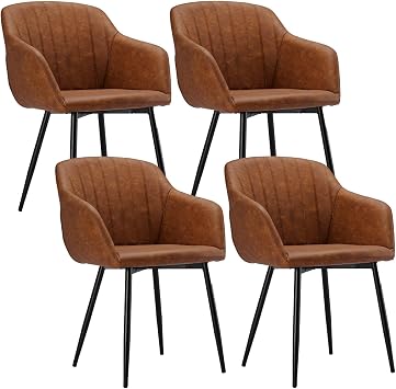 Dining Chairs Set of 4 PU Leather Armchair for Living Room with Metal Legs Kitchen Chairs, Brown
