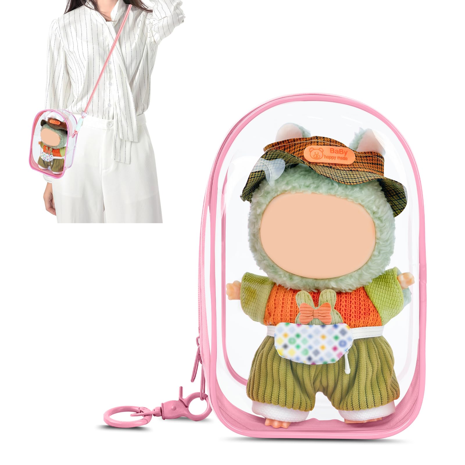 Large Clear Figure Display Bag with Keychain Case Blind Box Keychain Carrying Case, Portable Small Doll Storage Pouches PVC Bag (Pink Standing)
