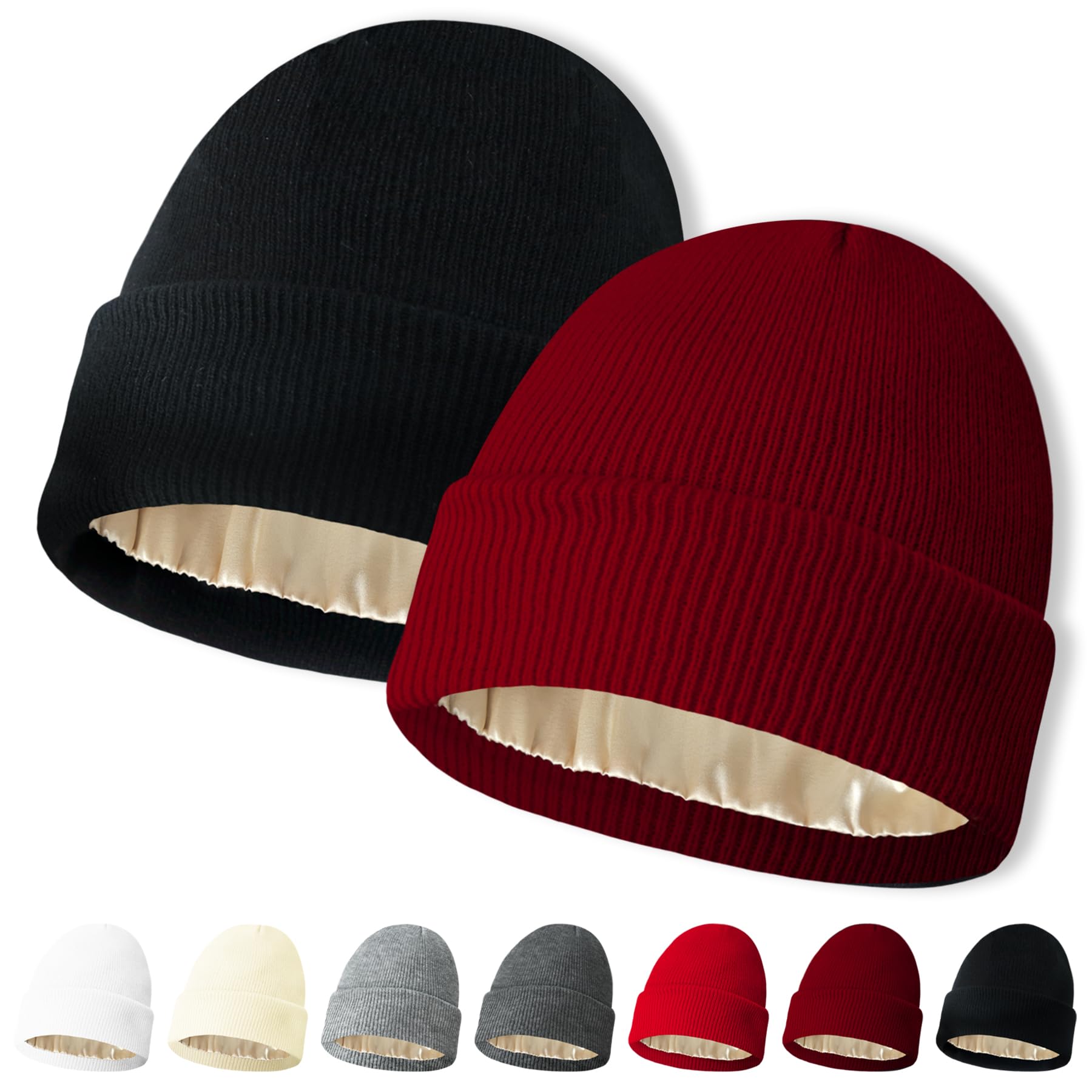 NPQQUAN 2 PCS Satin Lined Beanie for Women Silk Lined Beanies Winter Warm Soft Lining Cuffed Knit Beanie Hats for Woman