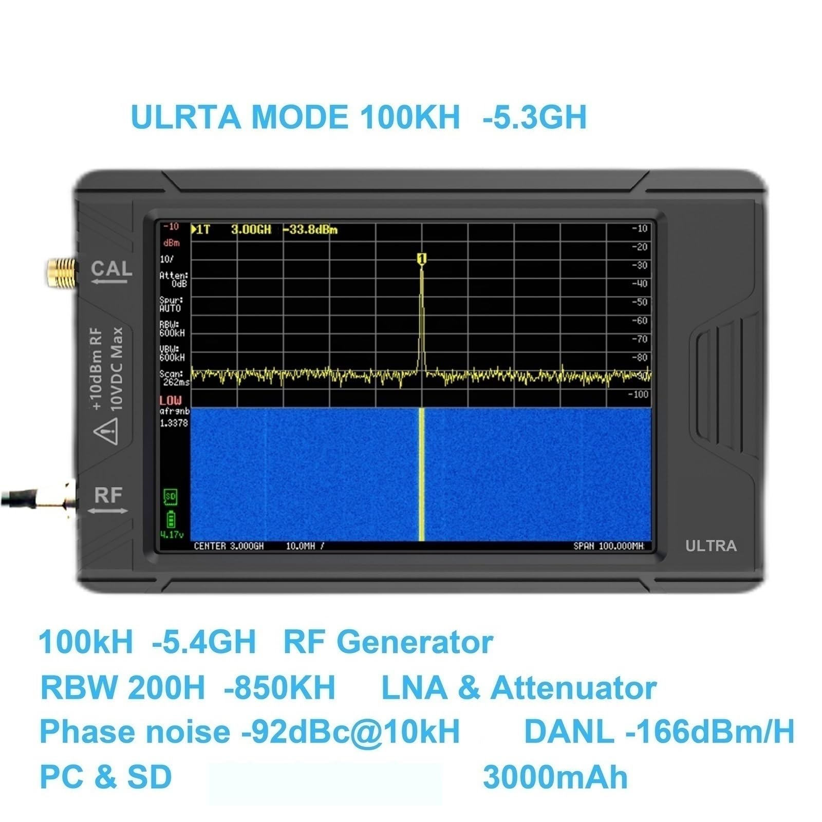Analizador de Redes vectoriales Generador De RF con Batería, Analizador De Espectro Pequeño Portátil con Pantalla De 100K-5,3G Y 3,95 Pulgadas