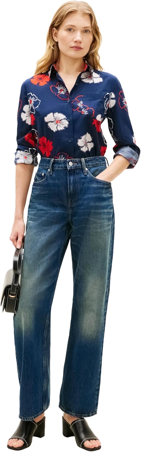 Tommy Hilfiger Women's Cotton Poplin Long Sleeve Button Down Shirt in Regular Fit with Roll Up Sleeve