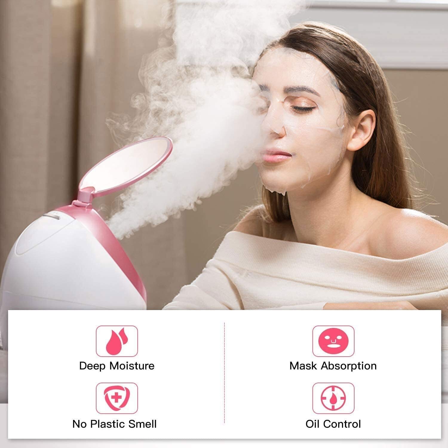 Nano Mist Face Steamer - Ciepła Mgiełka Spa do twarzy Parowiec z lusterkiem do makijażu LED - Domowy nawilżacz do sauny Głębokie nawilżanie - Zaskórniki Usuń pory oczyszczają