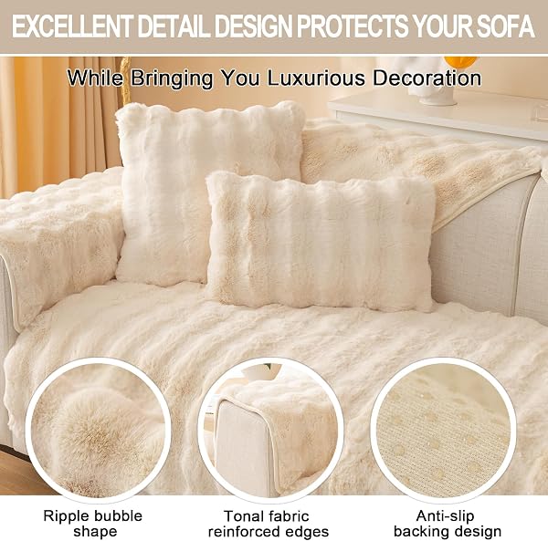 SHANNA Thick Rabbit Plush Sofa Cover 1 2 3 Seater, New Universal Non-Slip Corner Sofa Cover L Shape Super Soft Faux Fur Sofa Slipcovers for Living Room(Cream, 90 * 160cm Seater Cover) - 2