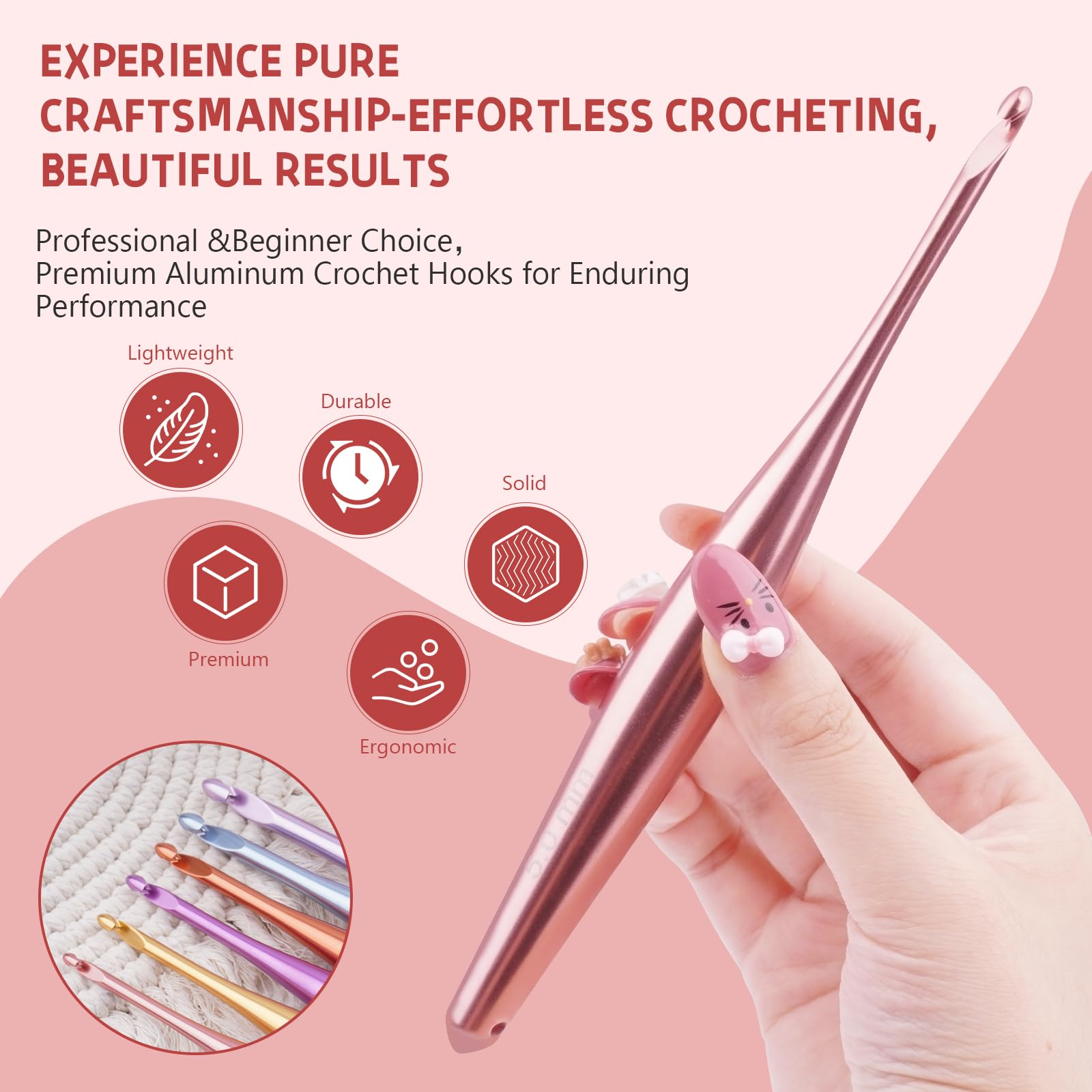 Mdoker Aluminium-Häkelnadel-Set mit Etui, ergonomischer Griff, rutschfeste Haken für arthritische Hände, perfektes Häkelgeschenk für Frauen, 3 mm - 10 mm