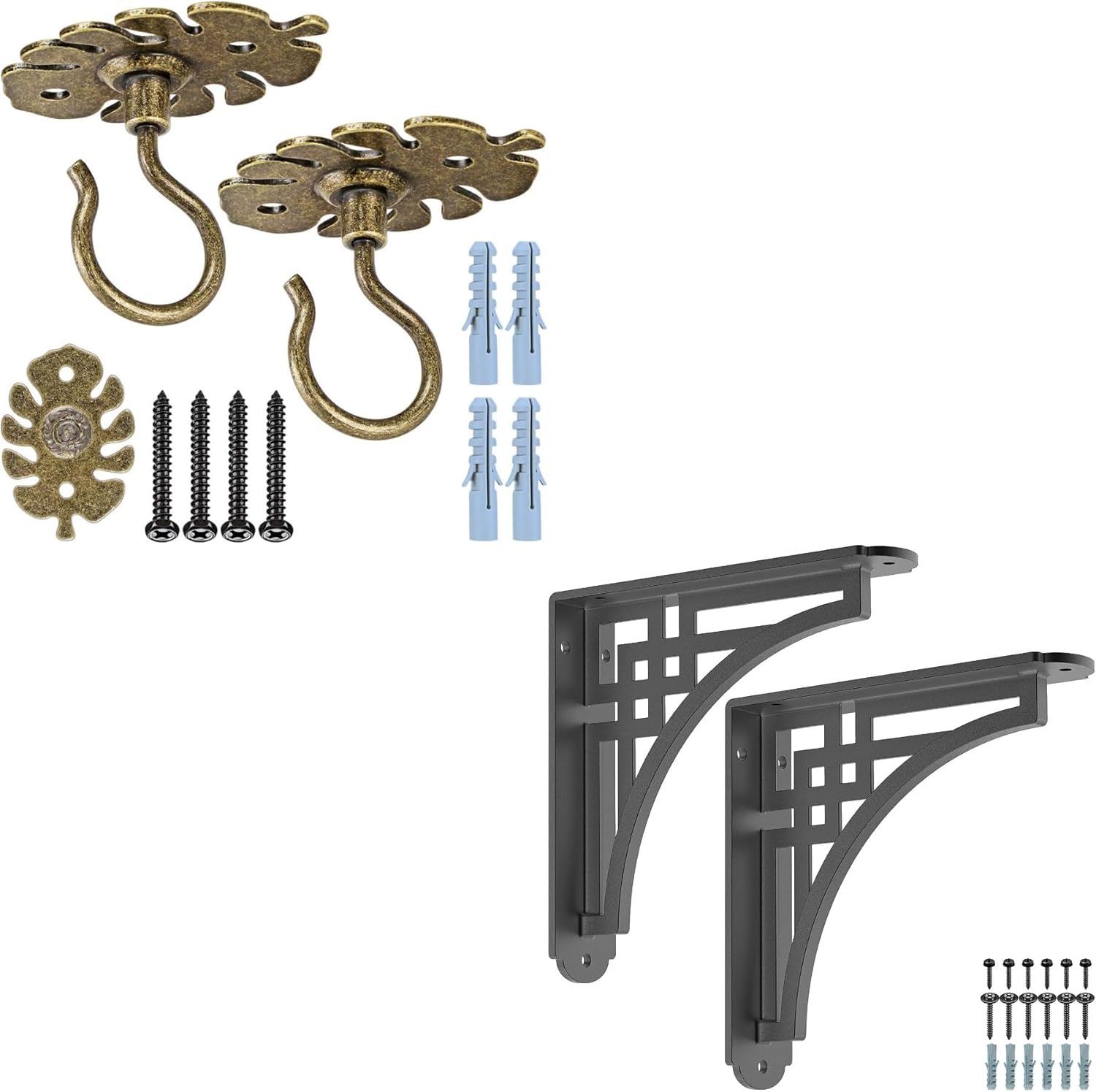 Dolibest Home Hanging &Bracket Bundle: 2x Wall/Ceiling Hooks (Bronze) + 2x Heavy Duty 8-Inch Shelf Brackets (Rustic Black) - 500LB Capacity. Complete Kit for Hanging Plants, Lights, Wind Chimes & Inst