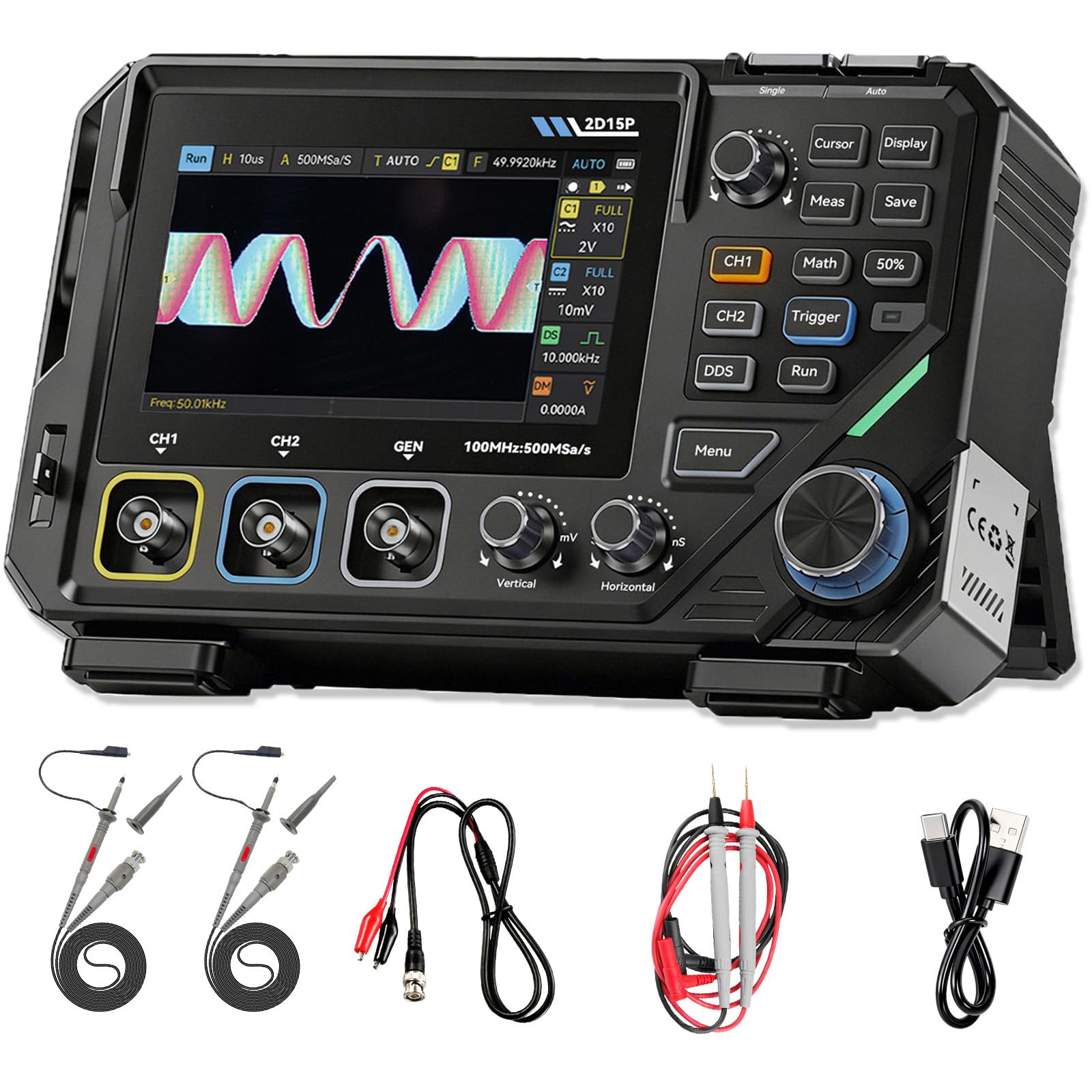 Oszilloskop, 2D15P Oszilloskop Multimeter 100MHz Bandbreite 3 in1 10MHz Signal Generator 4,5 stellige Präzision Multimeter 500MSPS AbtastrateTouchscreen Tastenbedienung