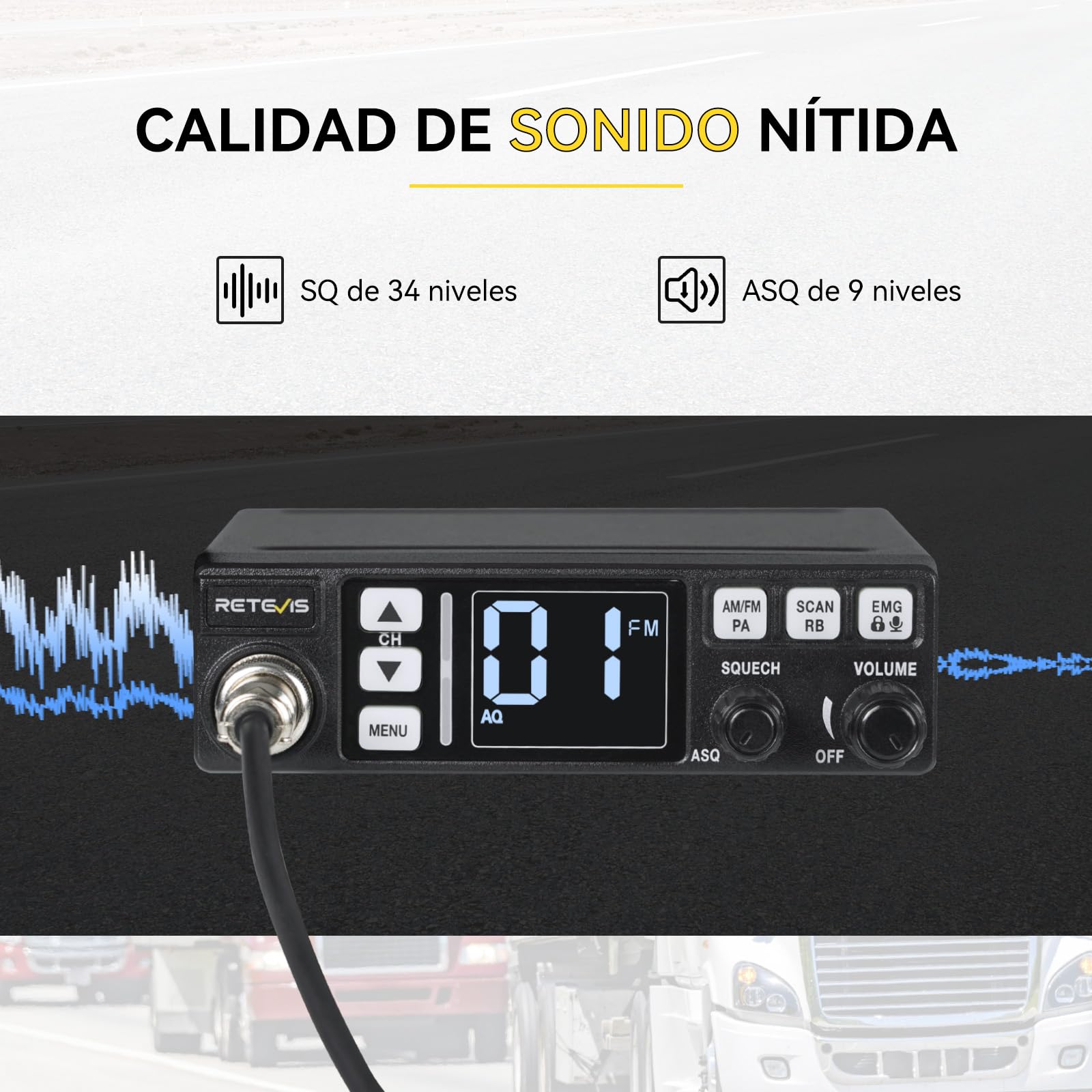 Retevis MB63 Radio CB con Antena, Kit Completo con Función PA | Pantalla LCD, Am/FM, ANL, VOX, SQ/ASQ, EMG CH9/19, Radio CB Móvil para Coche