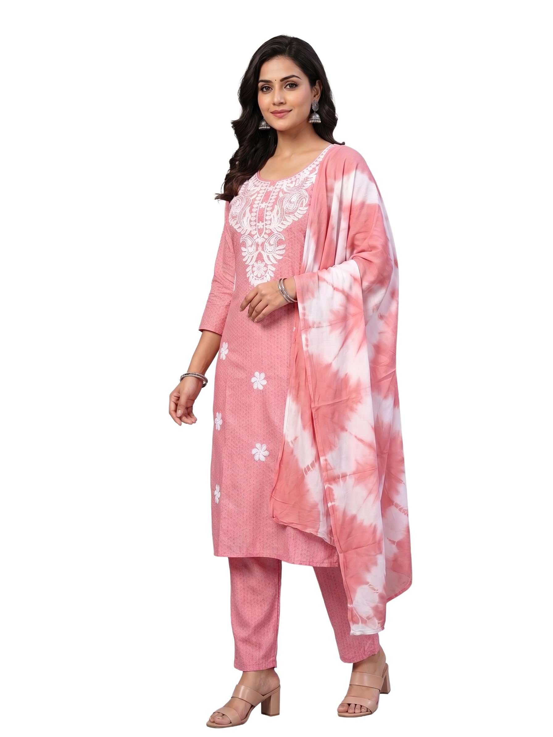 Eira's Ethnics Women's Pink Embroidered Kurta with Pants and Dupatta Set-picture-36