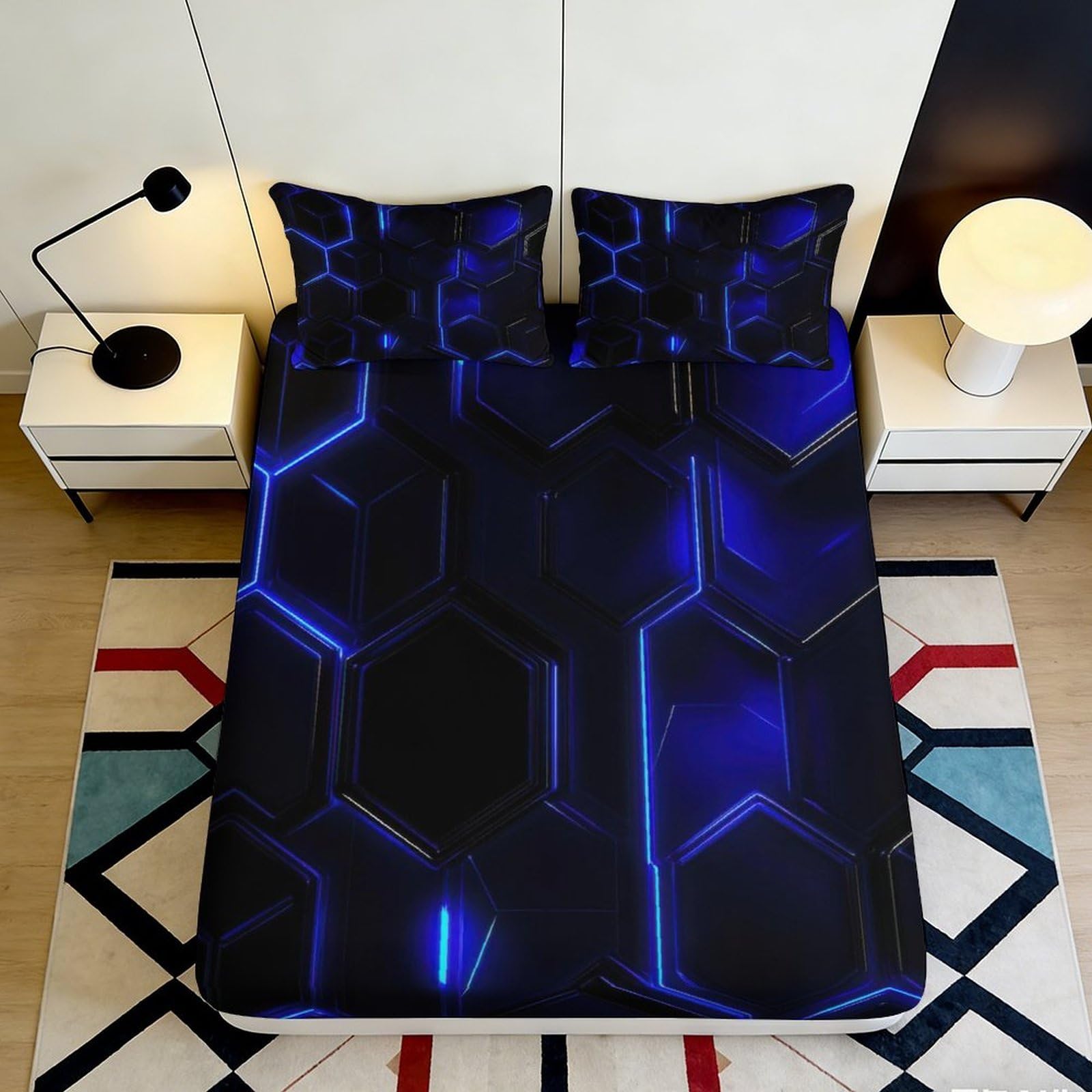 3D Printed Futuristic Hexagon Fitted Sheet Microfiber Breathable Neon Blue Geometric Mattress Cover Bedroom Dorm Decor 90x200x25cm