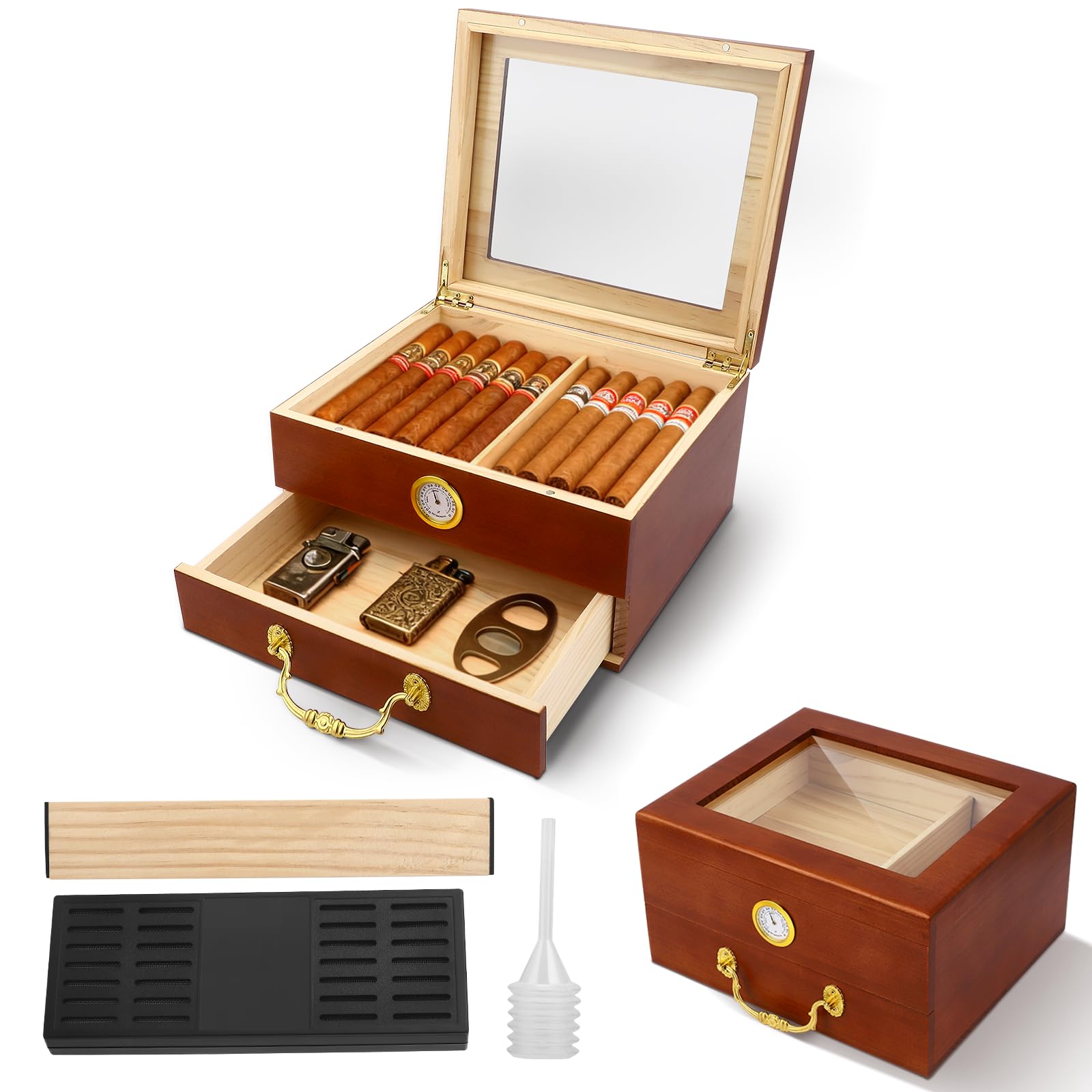 Neulriscn Cigar Humidor, Cigar Humidor Box with Hygrometer, Humidifier and Divider, Accessory Drawer, Handcraft Cedar Wood Cigar Case Desktop Humidors, Holds 30-50 Cigars, Gift for Men, Father