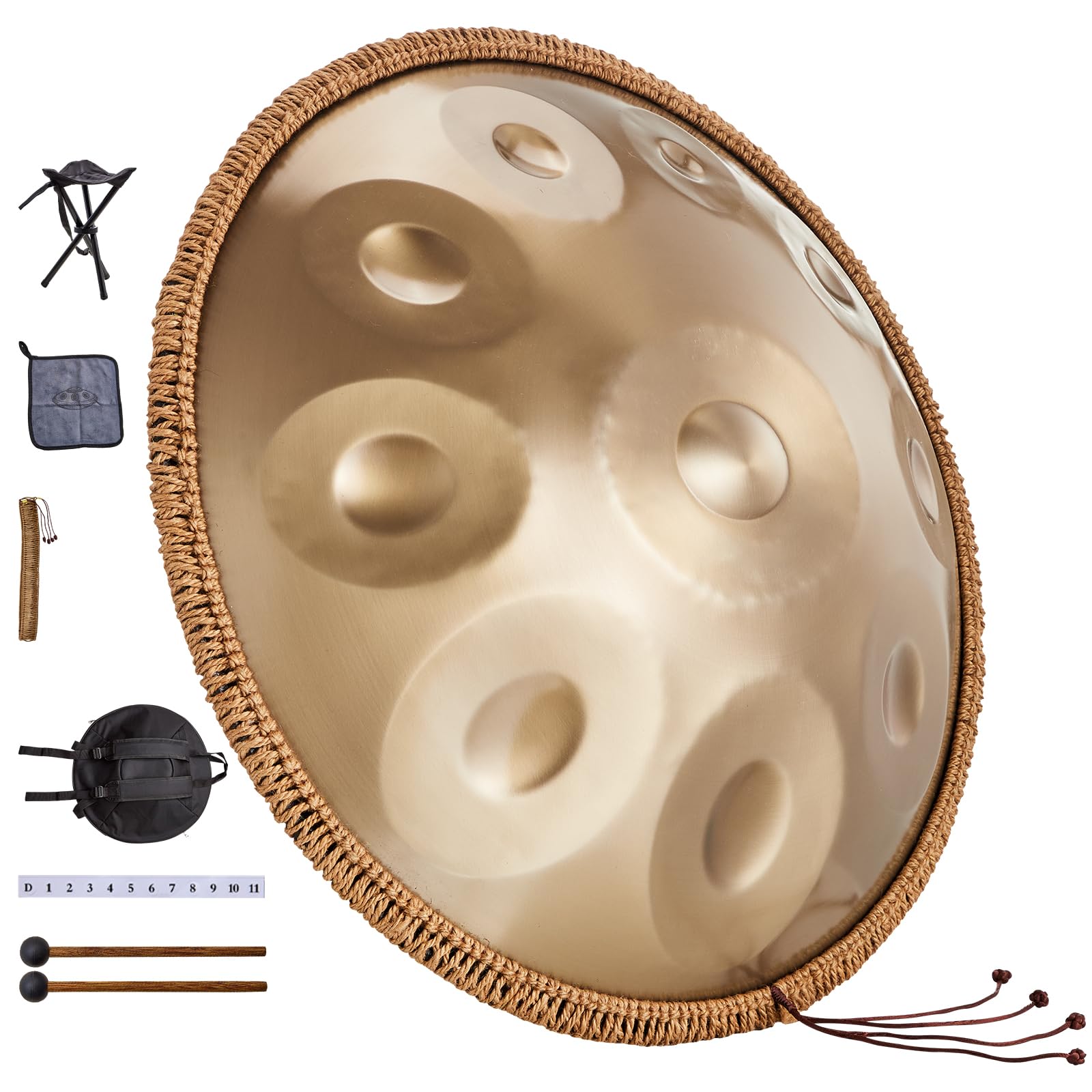 VEVOR Handpan Tamburo 550 mm, 10 Toni in Re Minore - Con Mazze, Supporto, 432 Hz Borsa per Trasporto - Strumento Sonoro Curativo per Adulti Principianti