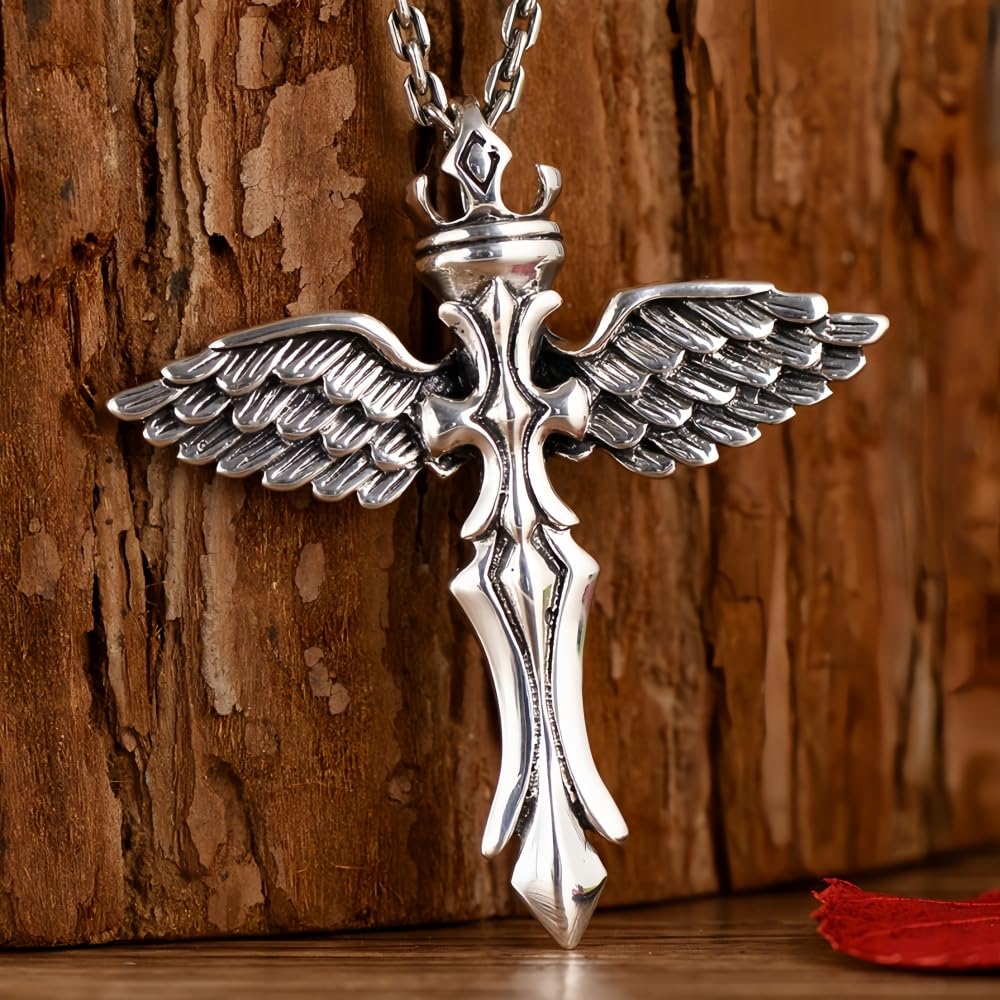 Vintage 925 Sterling Silver Angel Wings Cross Necklace