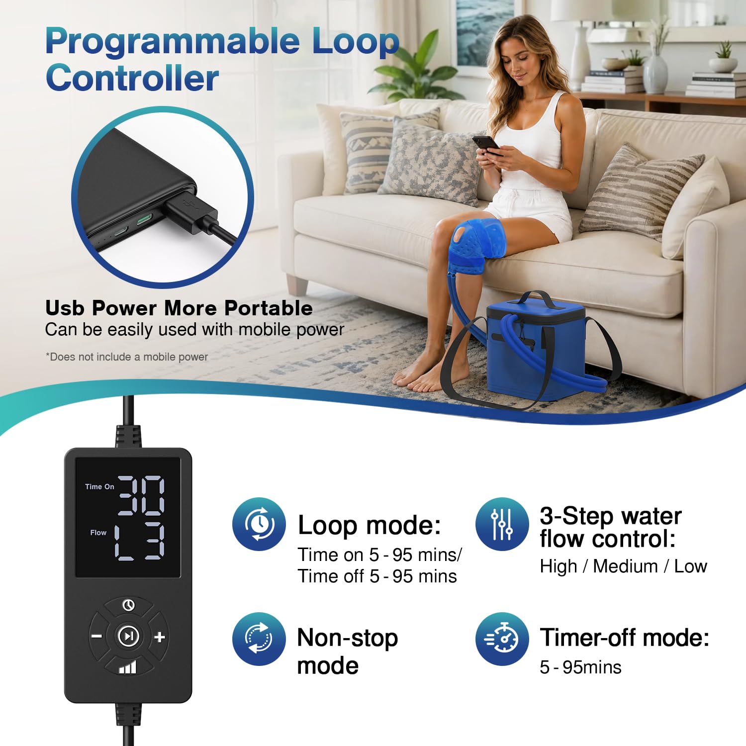 Máquina de terapia de frío, máquina programable de terapia de hielo para reemplazo de rodilla, alimentación por USB, recuperación postoperatoria, ACL, alivio del dolor, para lesiones deportivas