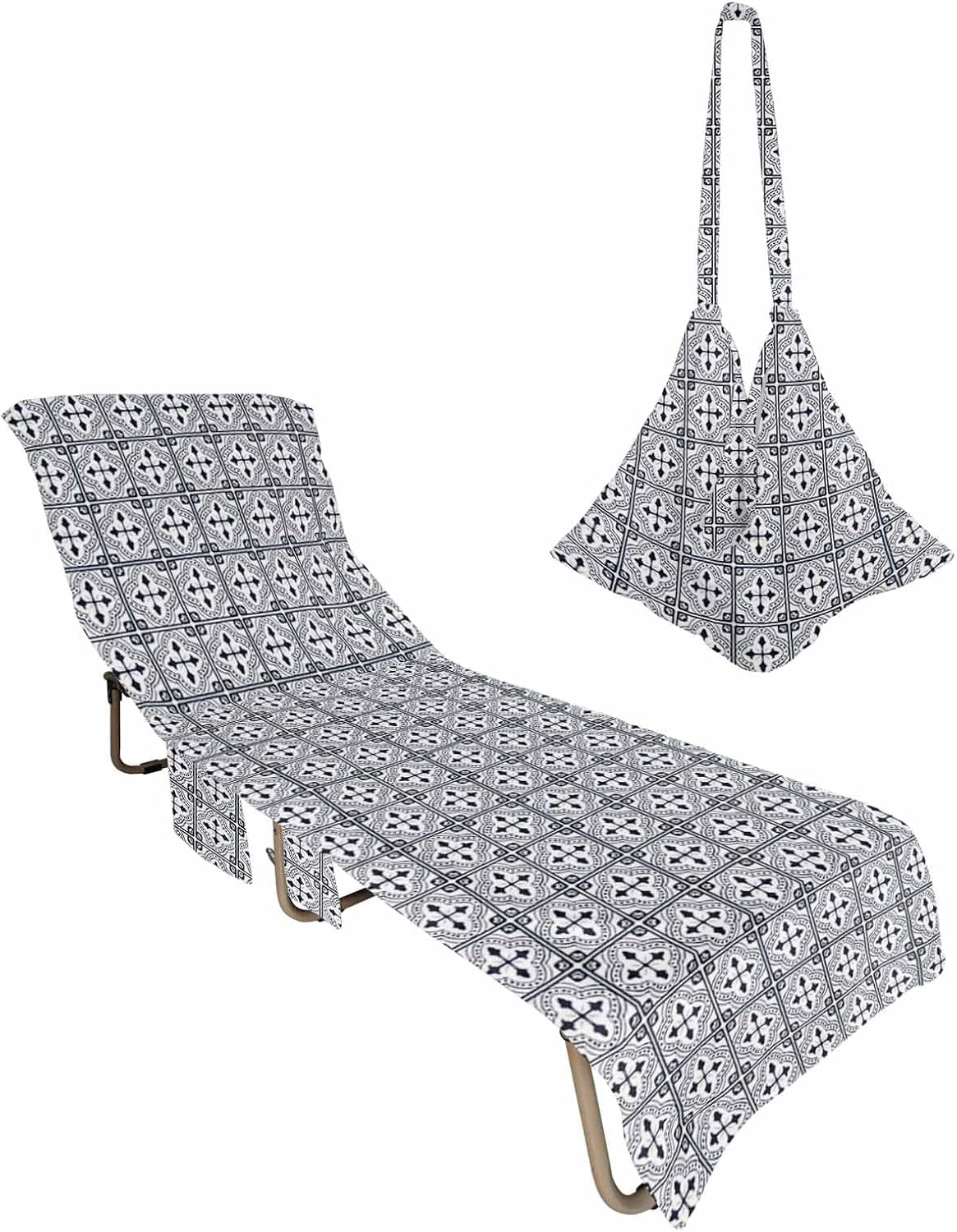 Black Geometric Beach Pool Patio Lounge Chaise Chair Cover Towel With Pockets,Absorbent & Quick Dry Microfiber Towel Cover Bag Summer Accessories for Sunbathing Minimalist Abstract Aesthetics Line
