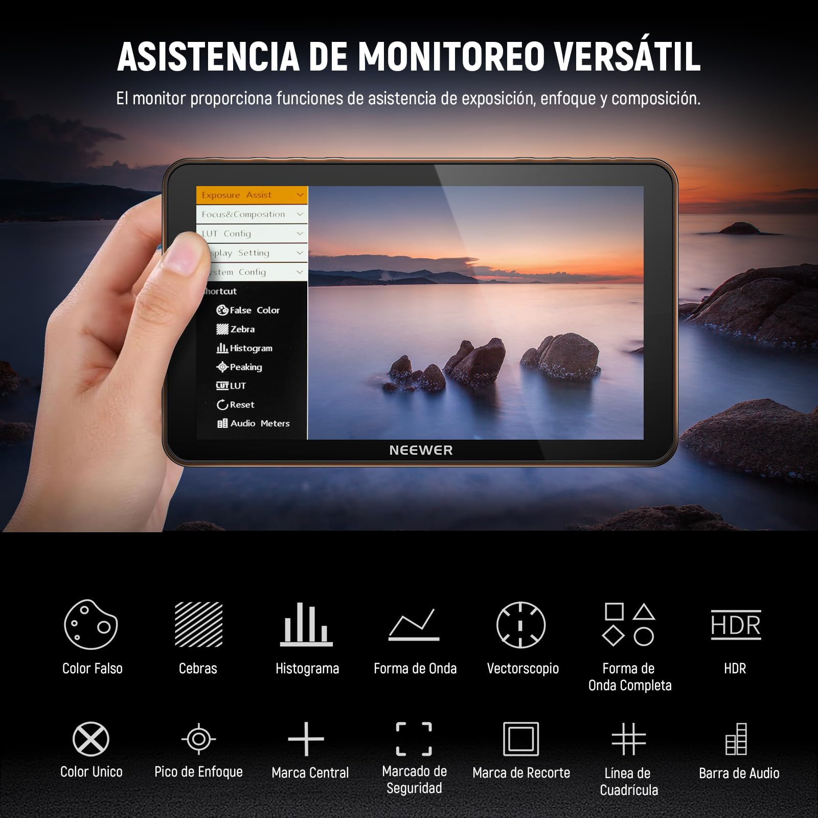 NEEWER F700 7" Monitor Campo Cámara, 2000nit HD 1920x1080 IPS Pantalla Táctil con 3D LUT, 4K HDMI Loop in/out con Peak Focus Asistencia Video DSLR Onda HDR,Montaje Zapata Fría,5200mAh Batería y Cable