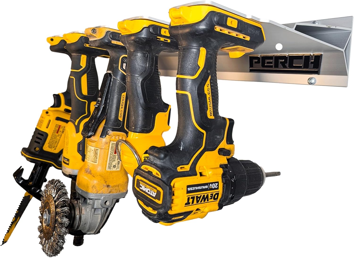 PERCH Tool Holder Rack for Dewalt 20v - 60v | Securely Mounts 5 Cordless Tools | Universal Mounting | Most Durable Cordless Tool Organizer