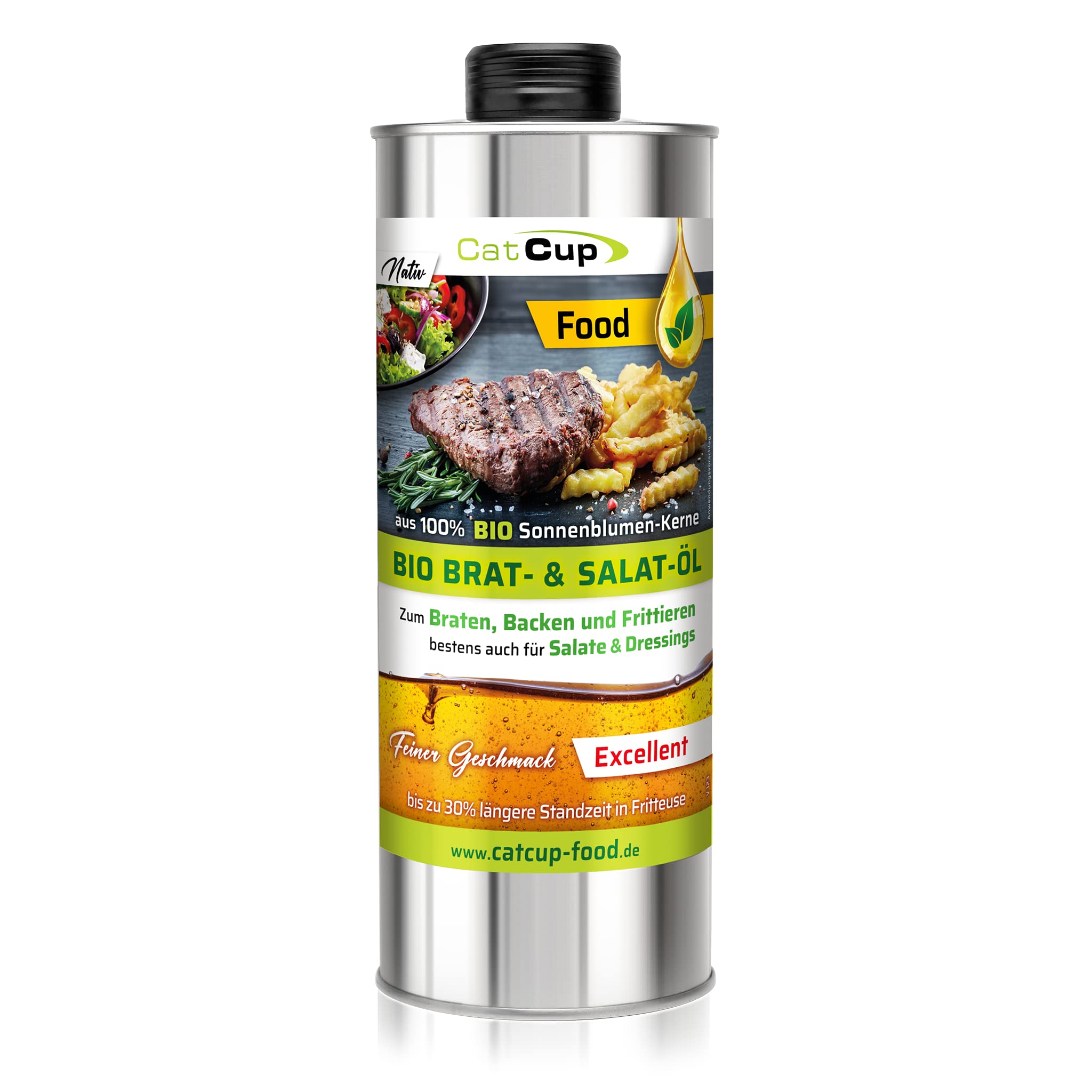 CatCup BIO Speise-, Brat- & Salatöl High Oleic EXZELLENT - Premium Sonnenblumenöl - Neutrales Bratöl & Speiseöl aus Bayern - Kaltgepresstes Öl zum Braten, Backen & Frittieren (1L)