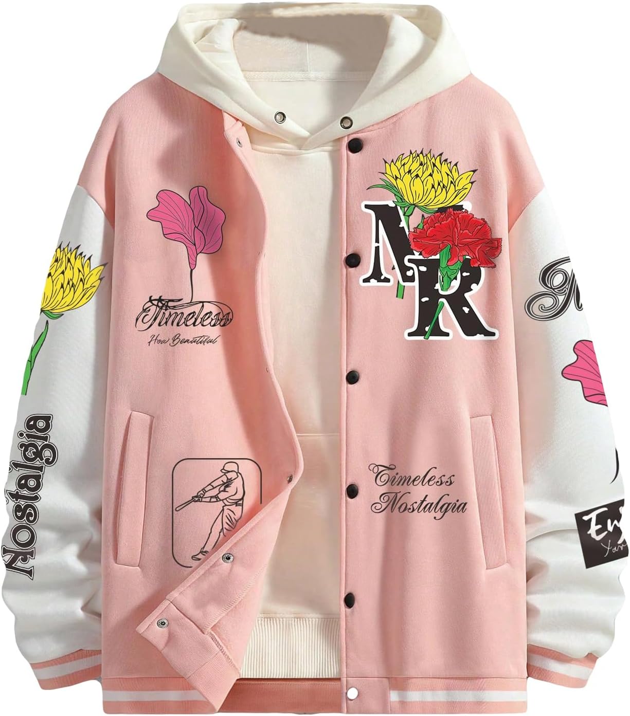 GORGLITTER Men's Floral Graphic Button Down Varsity Jackets Casual Letter Print Long Sleeve Bomber Jacket Coat