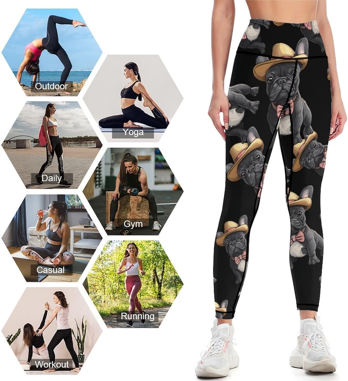 French Bulldog Dog with Hat Leggings for Women High Waist Yoga Pants Tummy Control Workout Pants for Athletic Gym