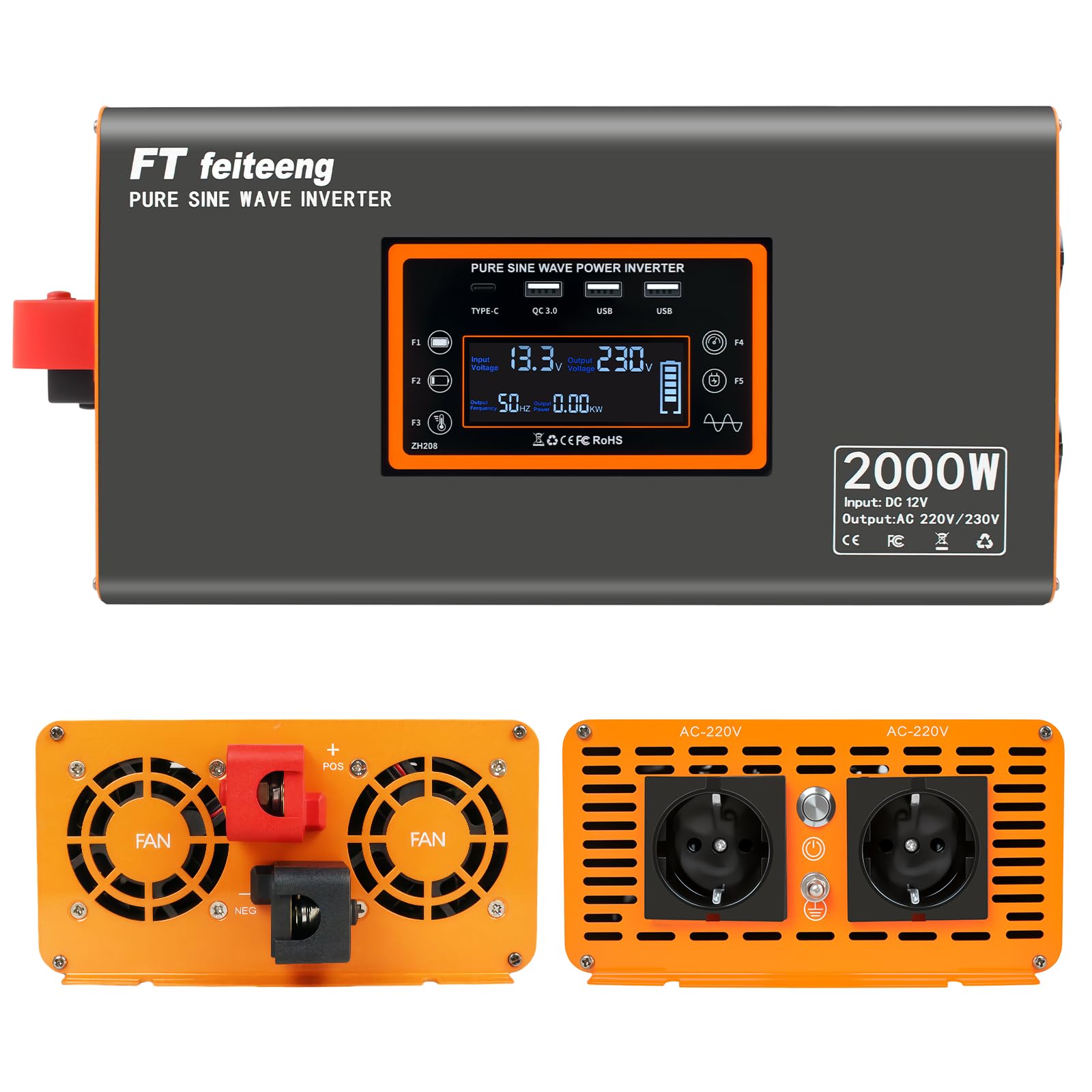 Inverter a onda sinusoidale pura, da 12 V CC a 220 V/230 V AC, display a LED, doppia porta USB 5 V/3,4 A, adatto per campeggio, camper, camion (2000 W)