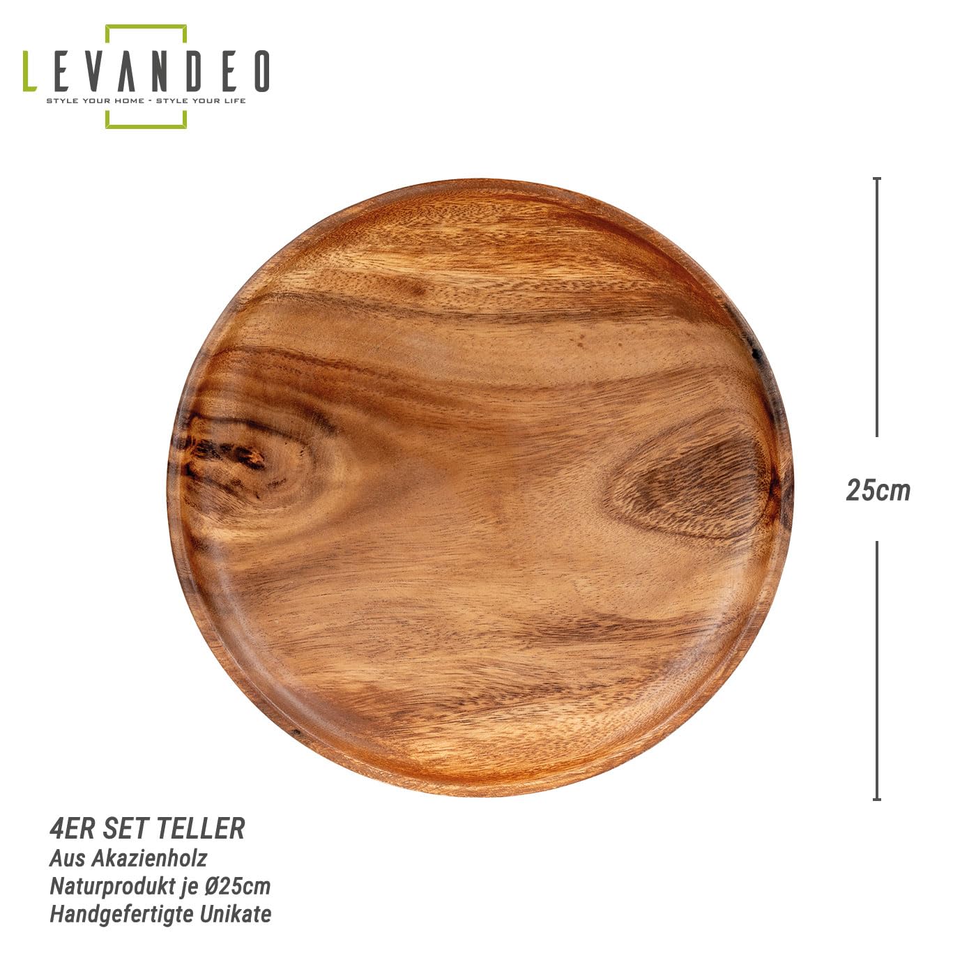 levandeo Set di 4 piatti rotondi in legno di acacia, diametro 25 cm, piatti in legno di acacia, fatti a mano, decorazione unica da tavolo