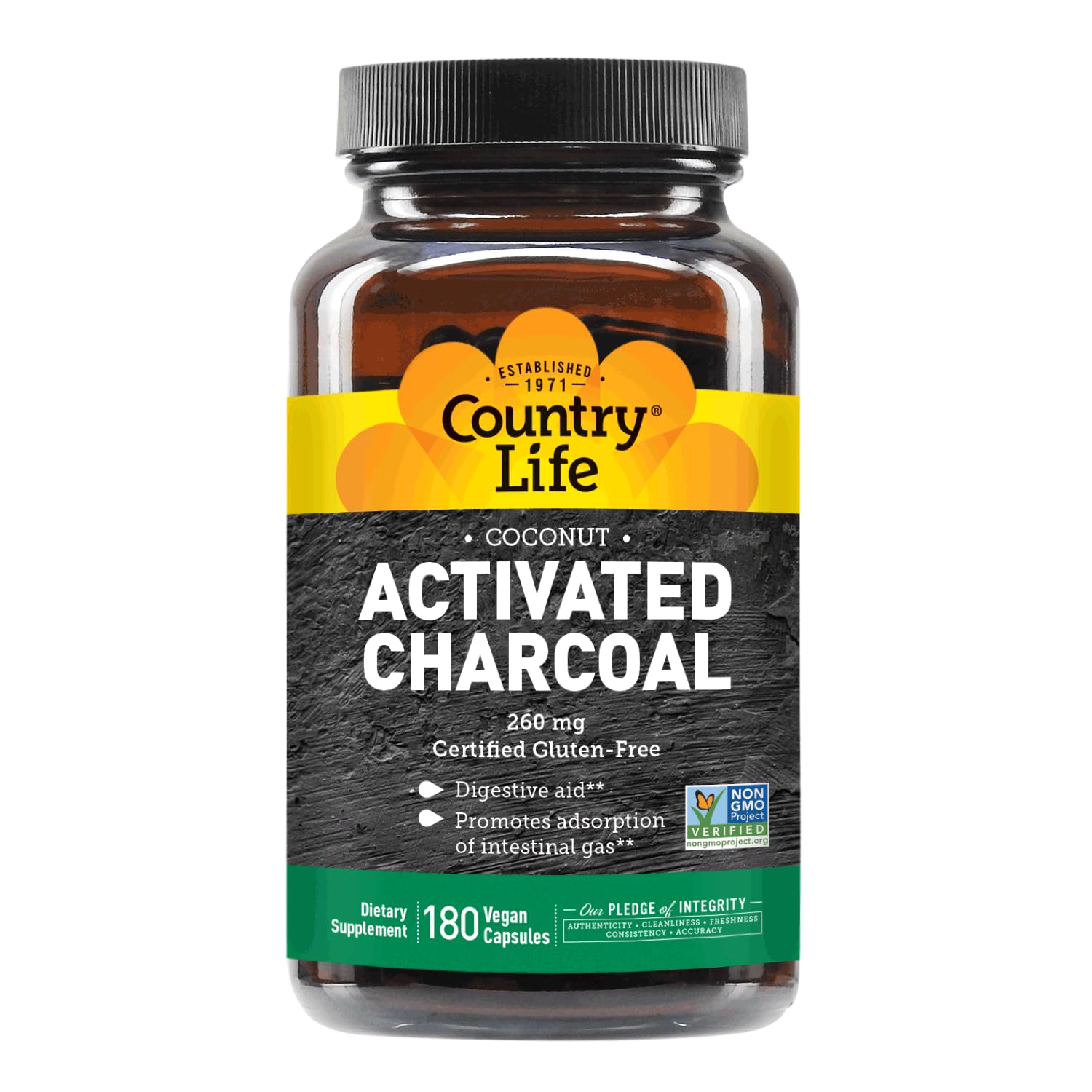 Country Life Activated Organic Coconut Charcoal Capsules, 260mg – Natural Charcoal Supplement for Gas and Bloating Relief, Gluten-Free, 180 Vegan Capsules