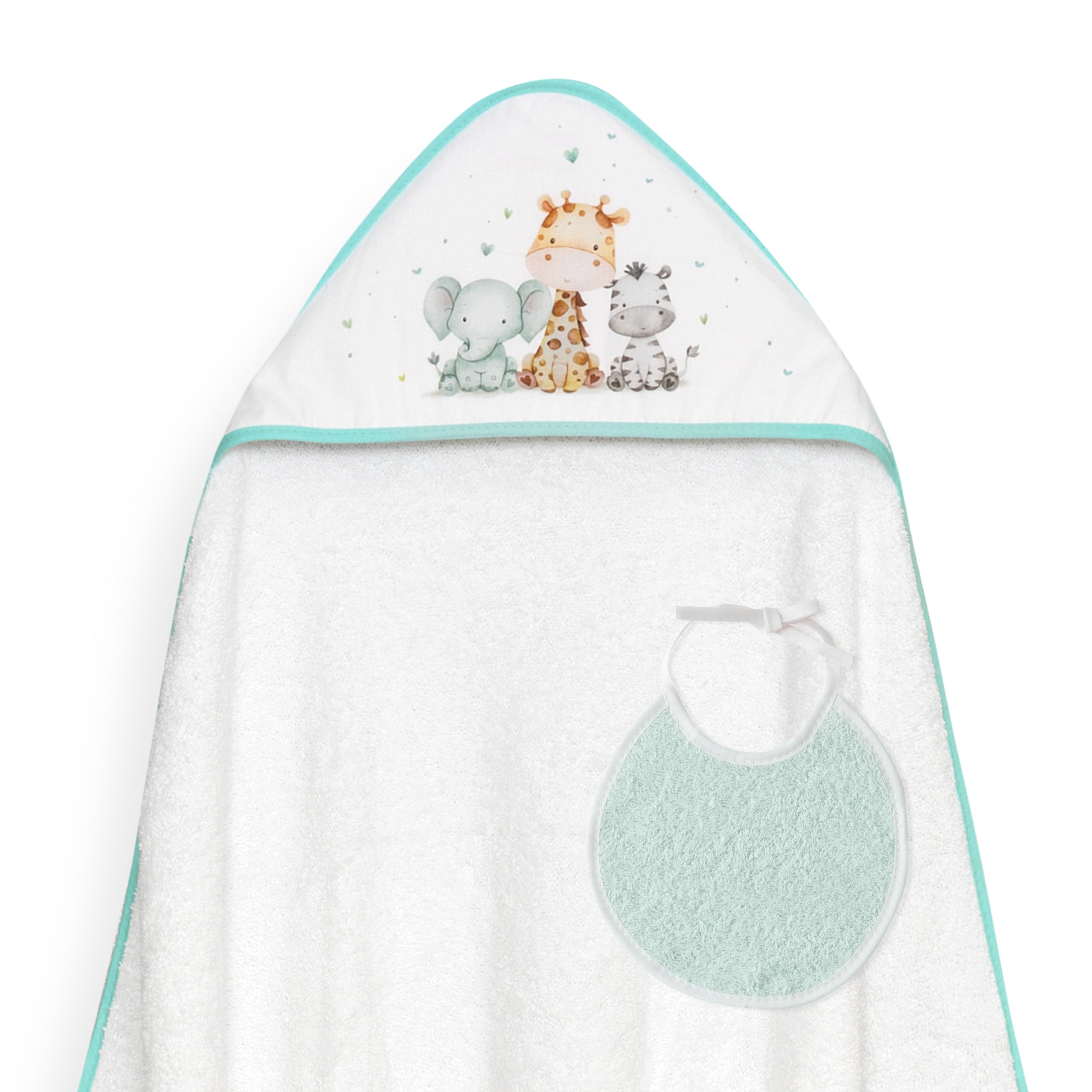 Interbaby - Capa de Baño Bebe Blanco/Verde + Babero | Toalla Bebe con Capucha 100% Algodón, 100x100cm, Unisex | Suave, Ideal Recién Nacidos, Bebes y Niños Pequeños | Diseño Jirafa Elefante Estampado