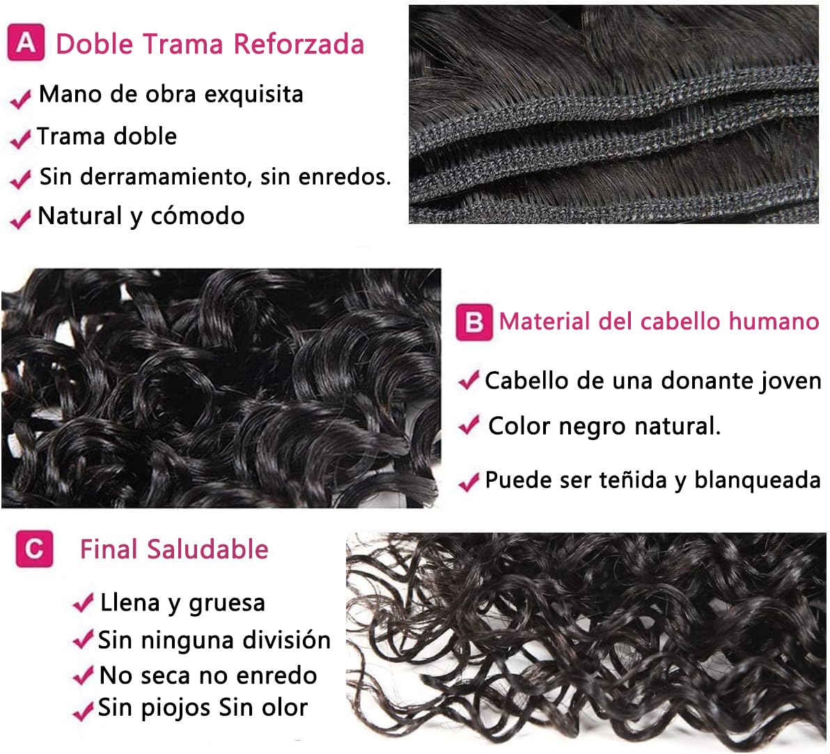 Extensiones Brasileñas de Pelo Natural Brasileño, Mechas Pelo rizado brasileño, 3 rizos 22 pulgadas extensión 150g