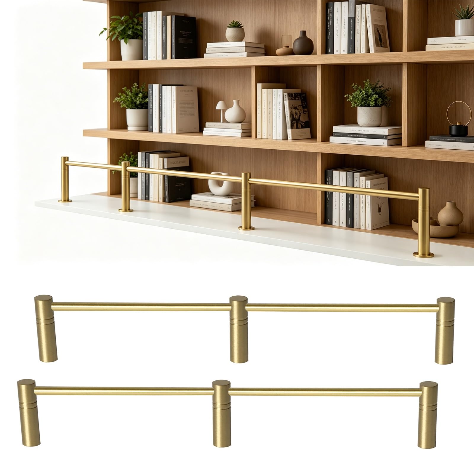 ERRULAN 2 Pack Long Brass Shelf Rails for Shelves Decorative, Anti-fall Gallery Railing Hardware Kit, Tipping Retainer Bars for Kitchen, Shoe Racks/Bookshelf(Gold,14in/35.6cm)