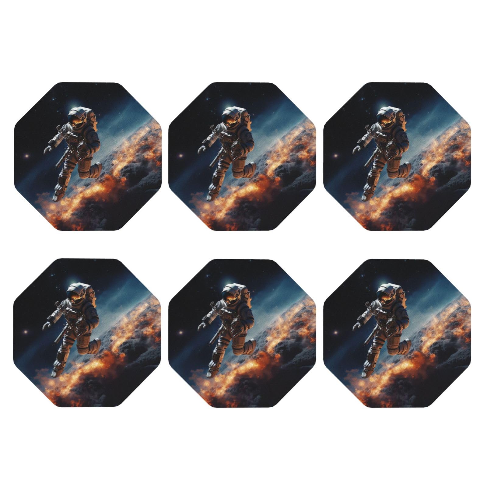 6pcs Leather Coasters for Drinks, Astronaut Flying in Space Drink Coasters for Tabletop Protection, 4" Cup Coasters for Coffee Table Decor, Non-Slip Drinking Cup Mat for Hot Or Cold Drink