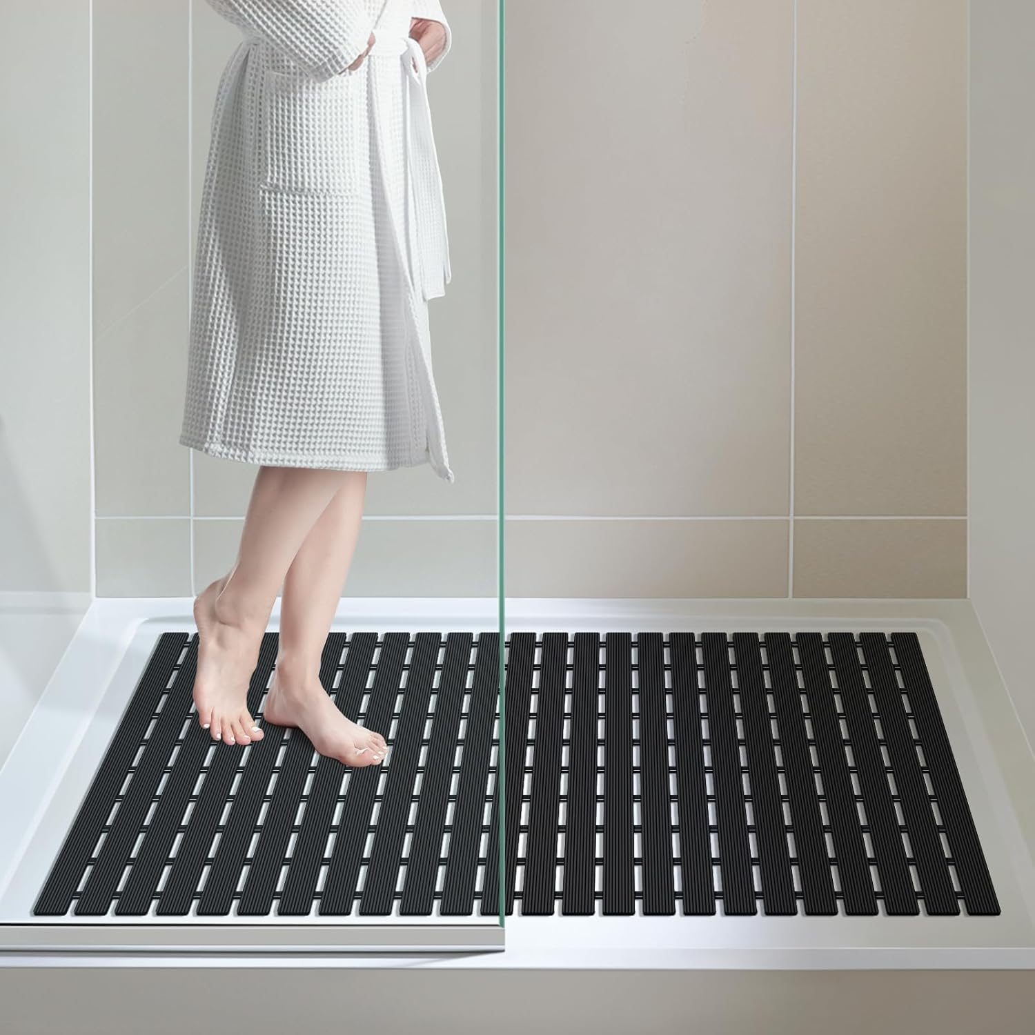 OTHWAY Large Shower Mat, 35.4 x 24 Inch No Suction Cup Shower Mat Non Slip, Quick Drain Non Slip Shower Mats for Inside Shower, Heavy Duty Curlable PVC Stand up Shower Floor Mat, Black