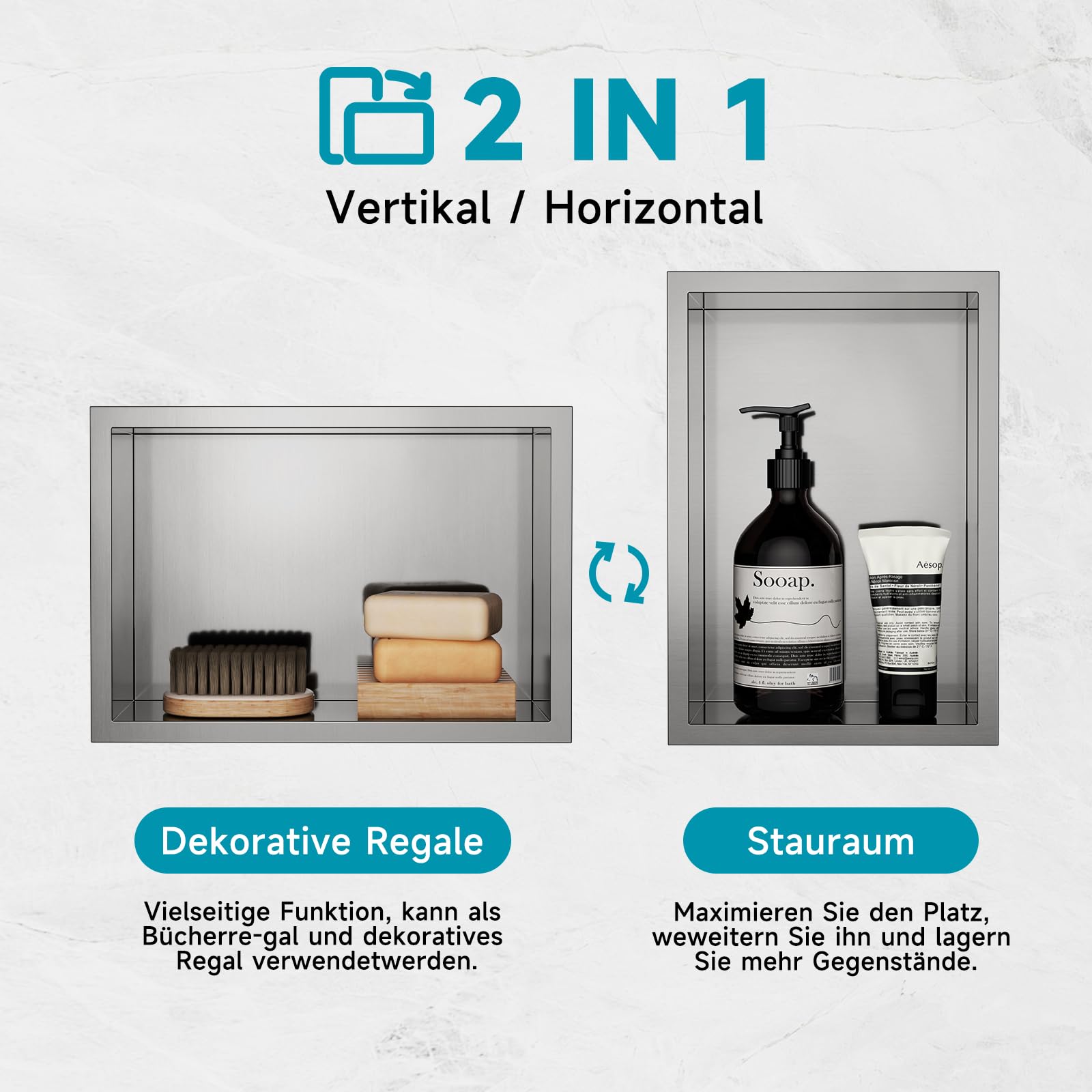 20 x 30 x 10 cm nano-srebrna nisza ścienna prysznicowa ze stali nierdzewnej, pojedynczy regał, do przechowywania, nie wymaga płytek, nisza prysznicowa pod prysznic, półka prysznicowa do
