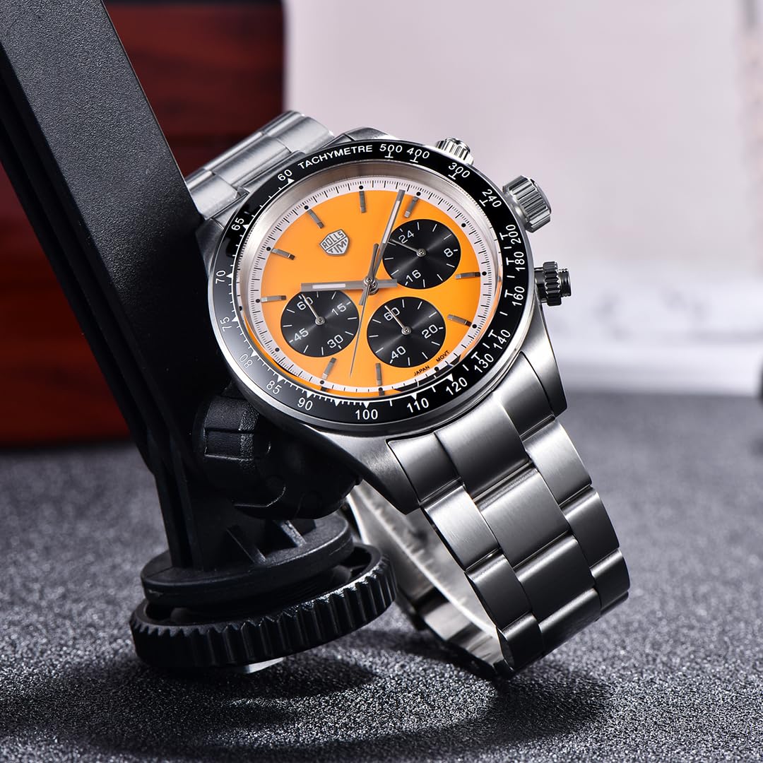 RollsTimi Pagani Design 7931 - Orologio al quarzo da uomo VK63, quadrante panda cronografo, orologio da polso in acciaio inox, 100 m, impermeabile, alla moda, con vite inferiore, corona
